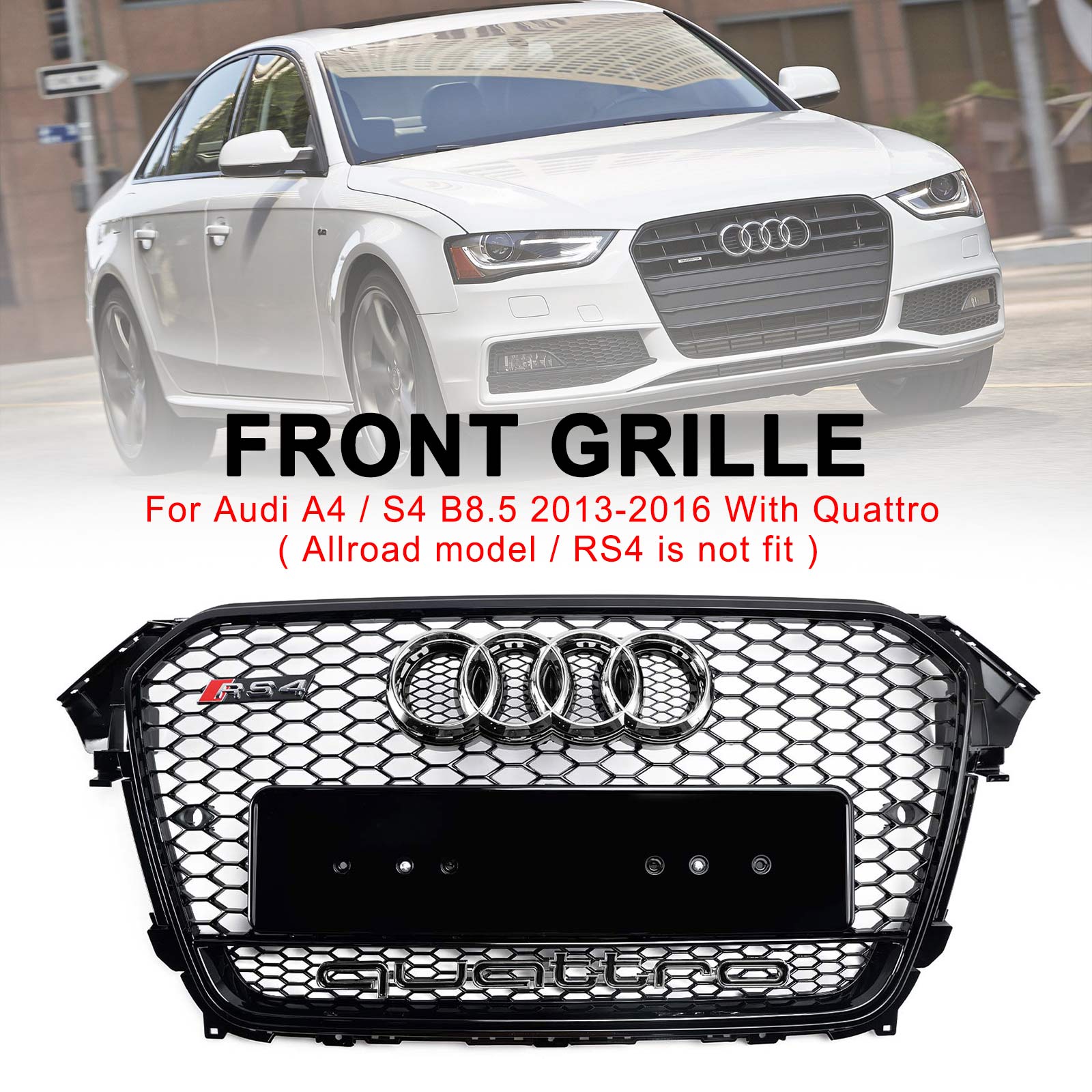 2013 2014 2015 2016 Audi A4 S4 B8.5 w/ Quattro RS4 Style Front Bumper Grill Grille