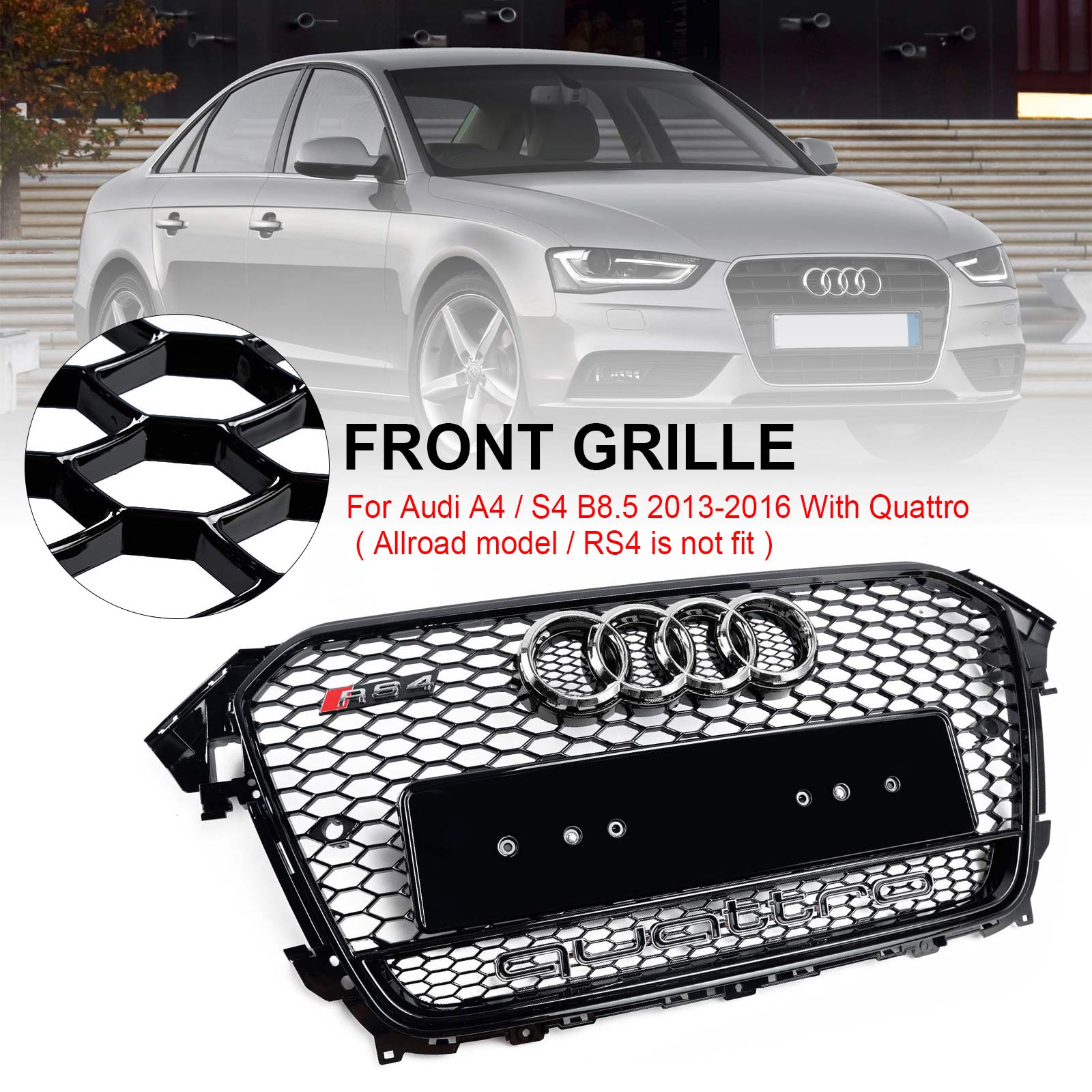 2013 2014 2015 2016 Audi A4 S4 B8.5 w/ Quattro RS4 Style Front Bumper Grill Grille