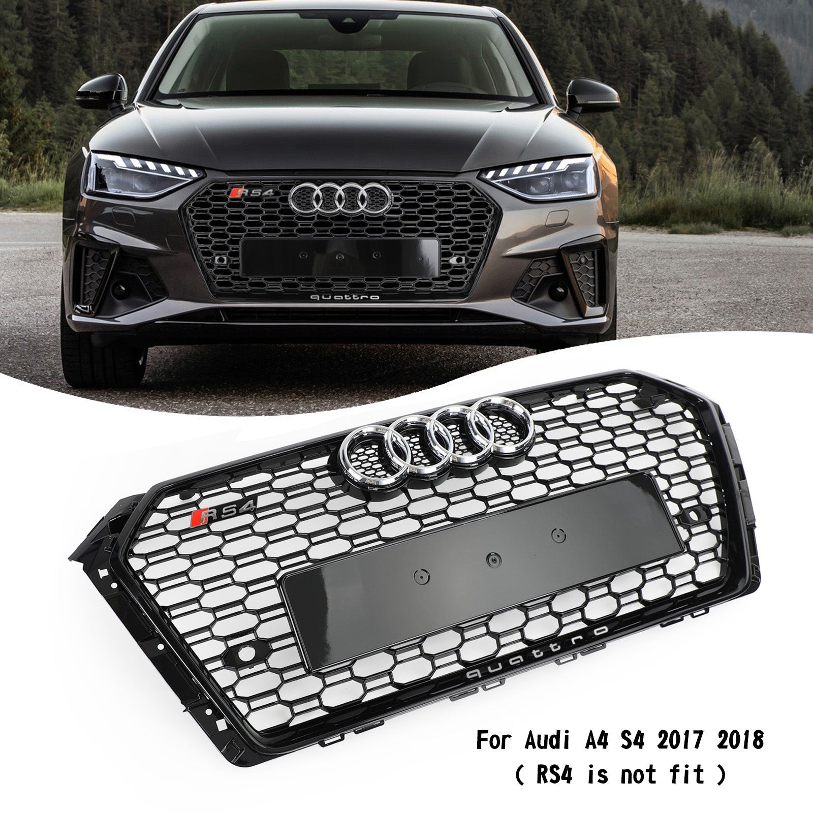RS4 Style 2017 2018 Audi A4/S4 B9 Honeycomb Mesh Hex Grille Grill Black