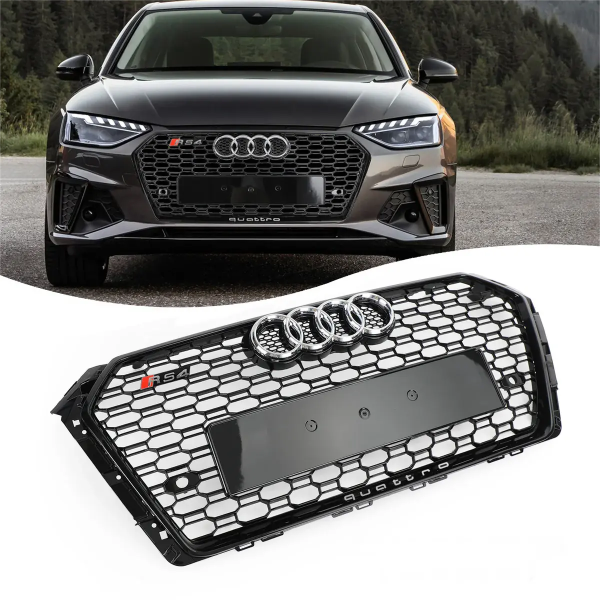 RS4 Style 2017 2018 Audi A4/S4 B9 Honeycomb Mesh Hex Grille Grill Black