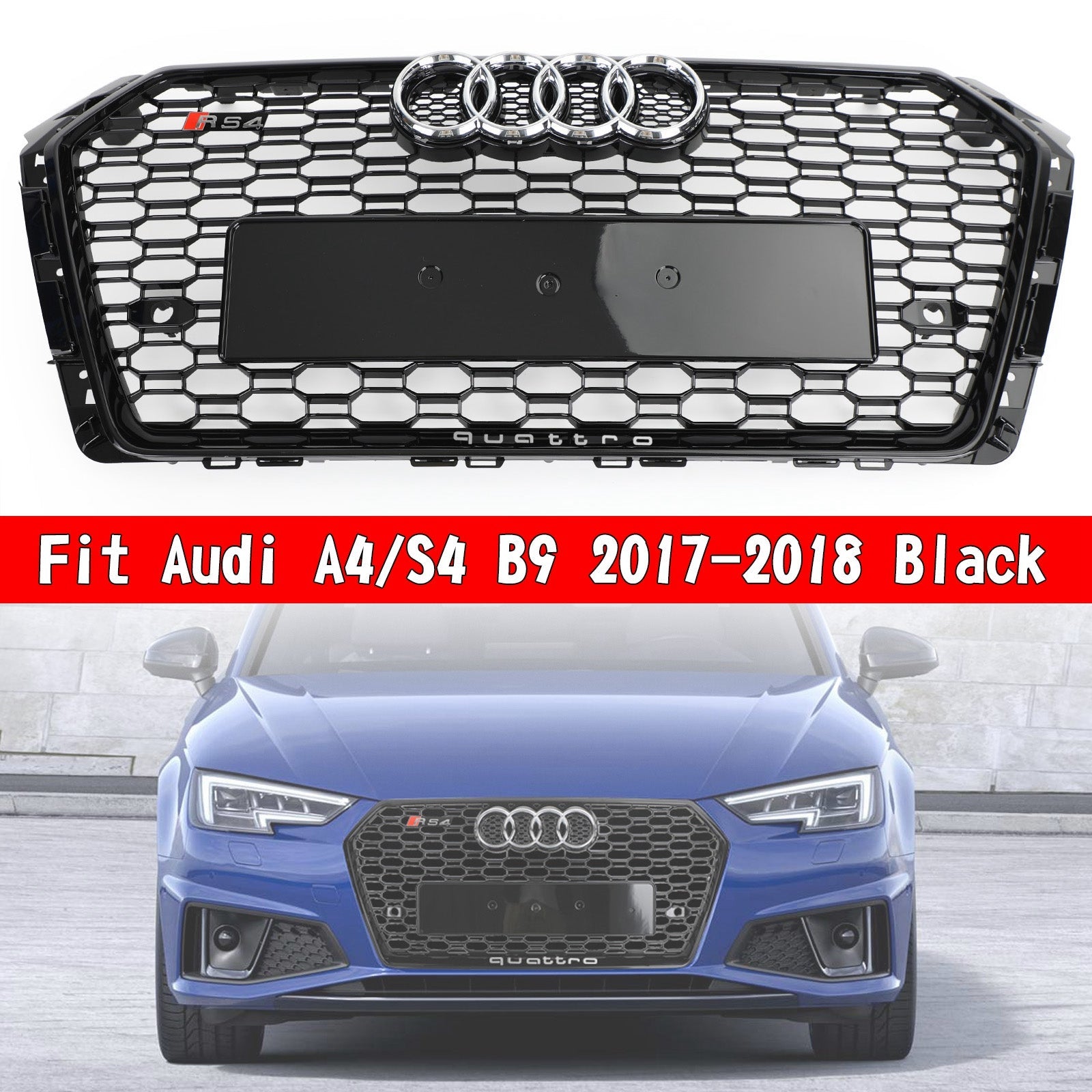 RS4 Style 2017 2018 Audi A4/S4 B9 Honeycomb Mesh Hex Grille Grill Black