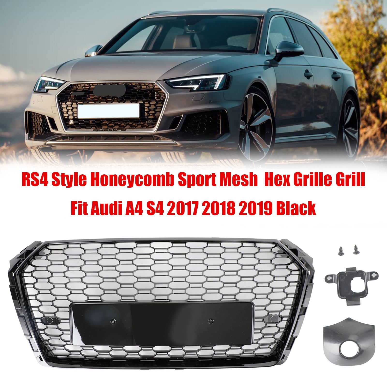2017-2019 Audi A4/S4 B9 RS4 Style Honeycomb Mesh Hex Grille Grill Black