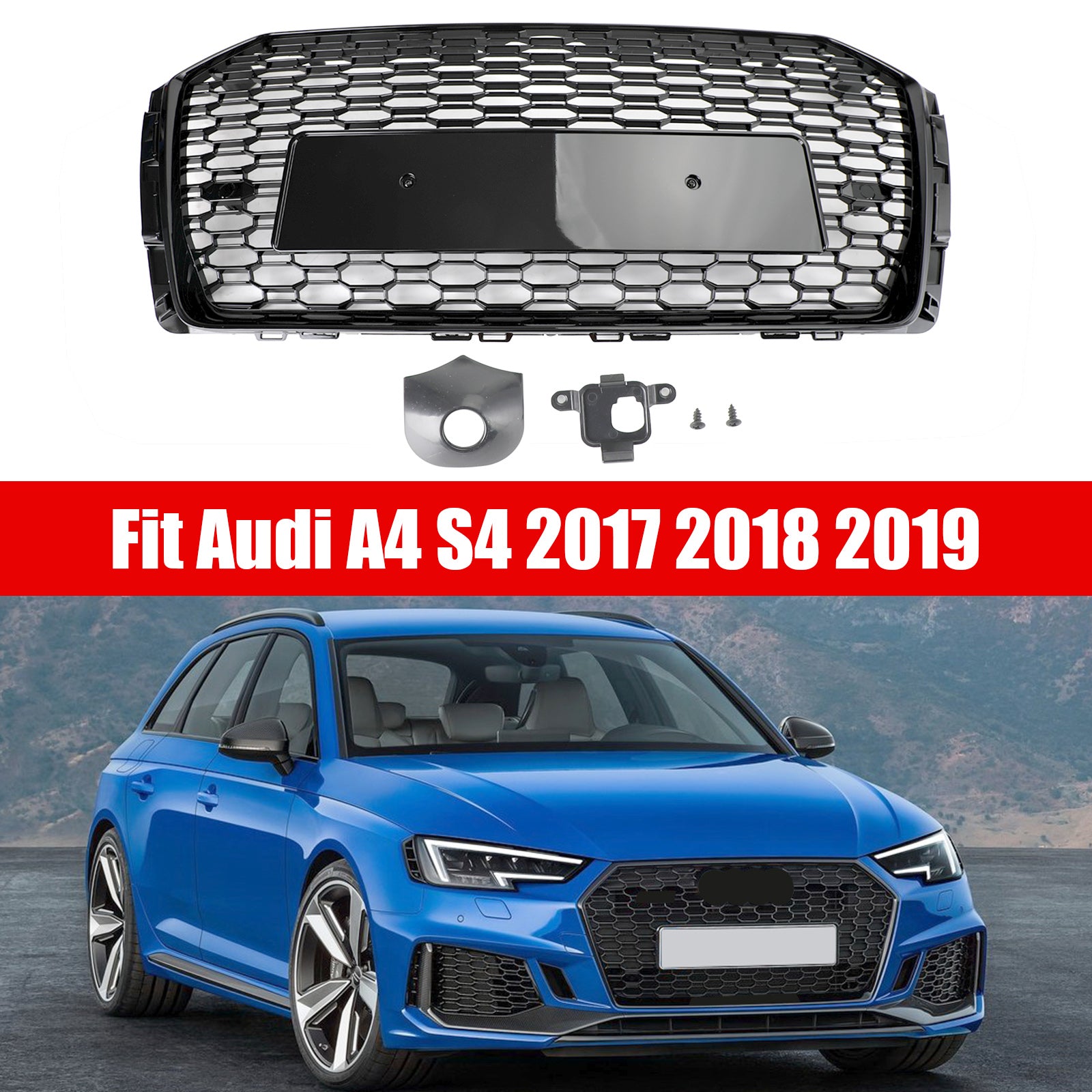 2017 2018 2019 Audi A4/S4 B9 RS4 Style Honeycomb Mesh Hex Grille Grill Black