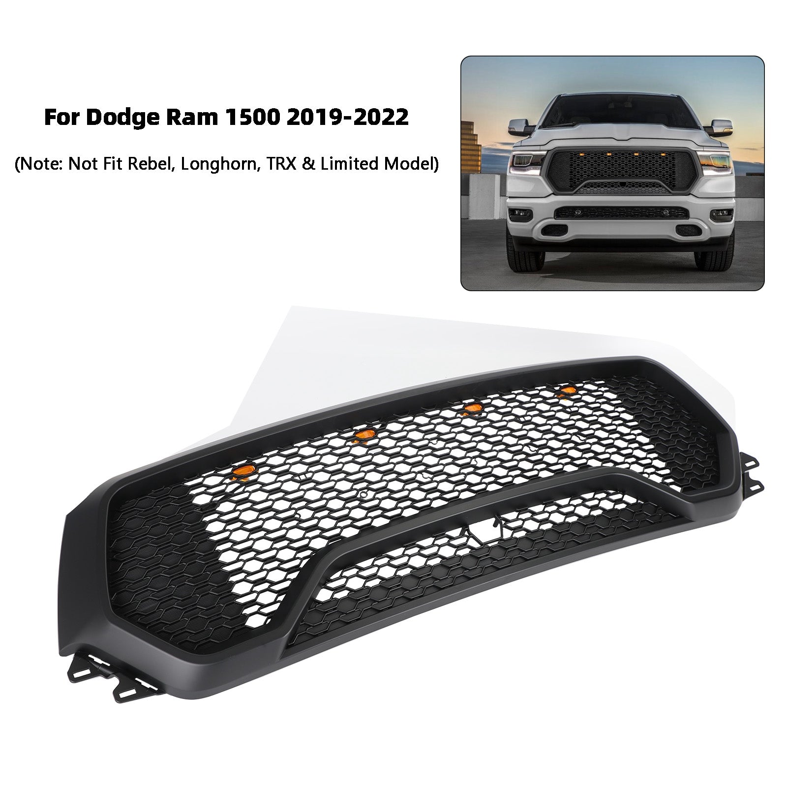 2019 2020 2021 2022 Dodge Ram 1500 TRX Style LED Honeycomb Front Upper Hood Grille