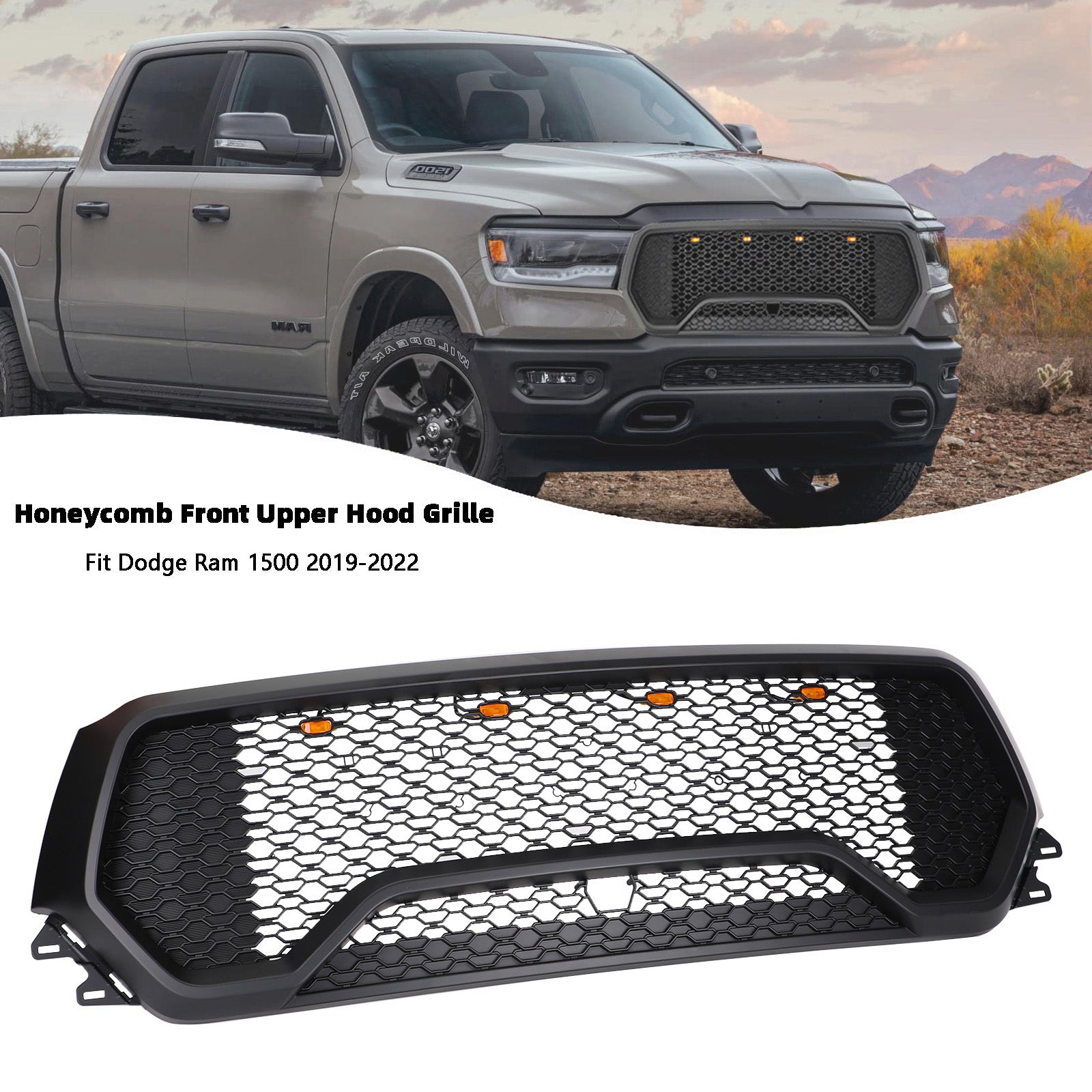 2019 2020 2021 2022 Dodge Ram 1500 TRX Style LED Honeycomb Front Upper Hood Grille
