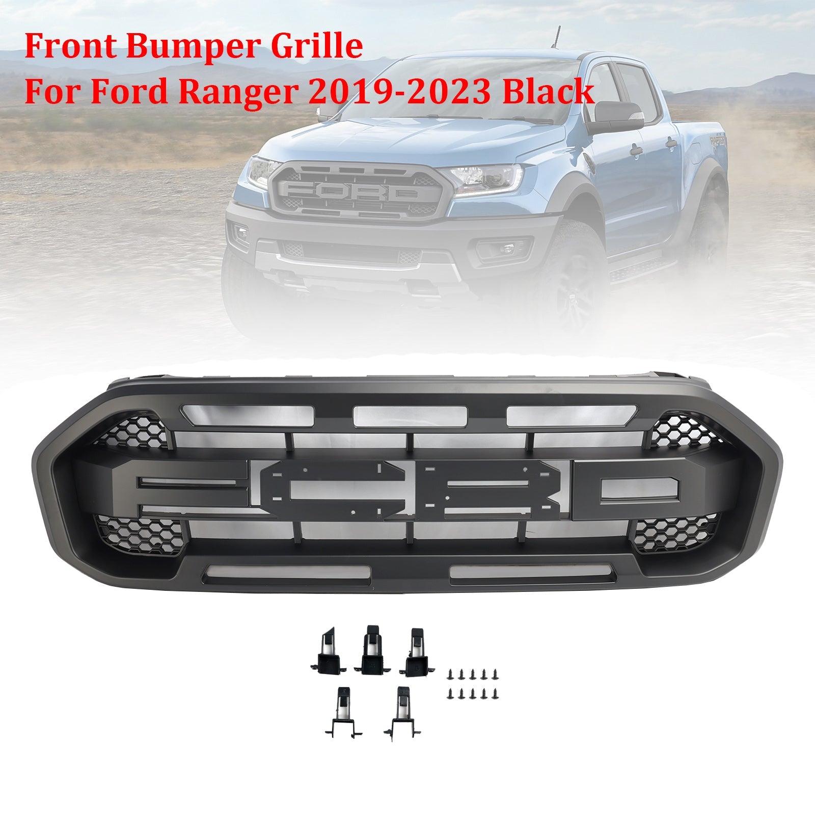2019 2020 2021 2022 2023 Ford Ranger Raptor Style Front Bumper Grille Grill Black