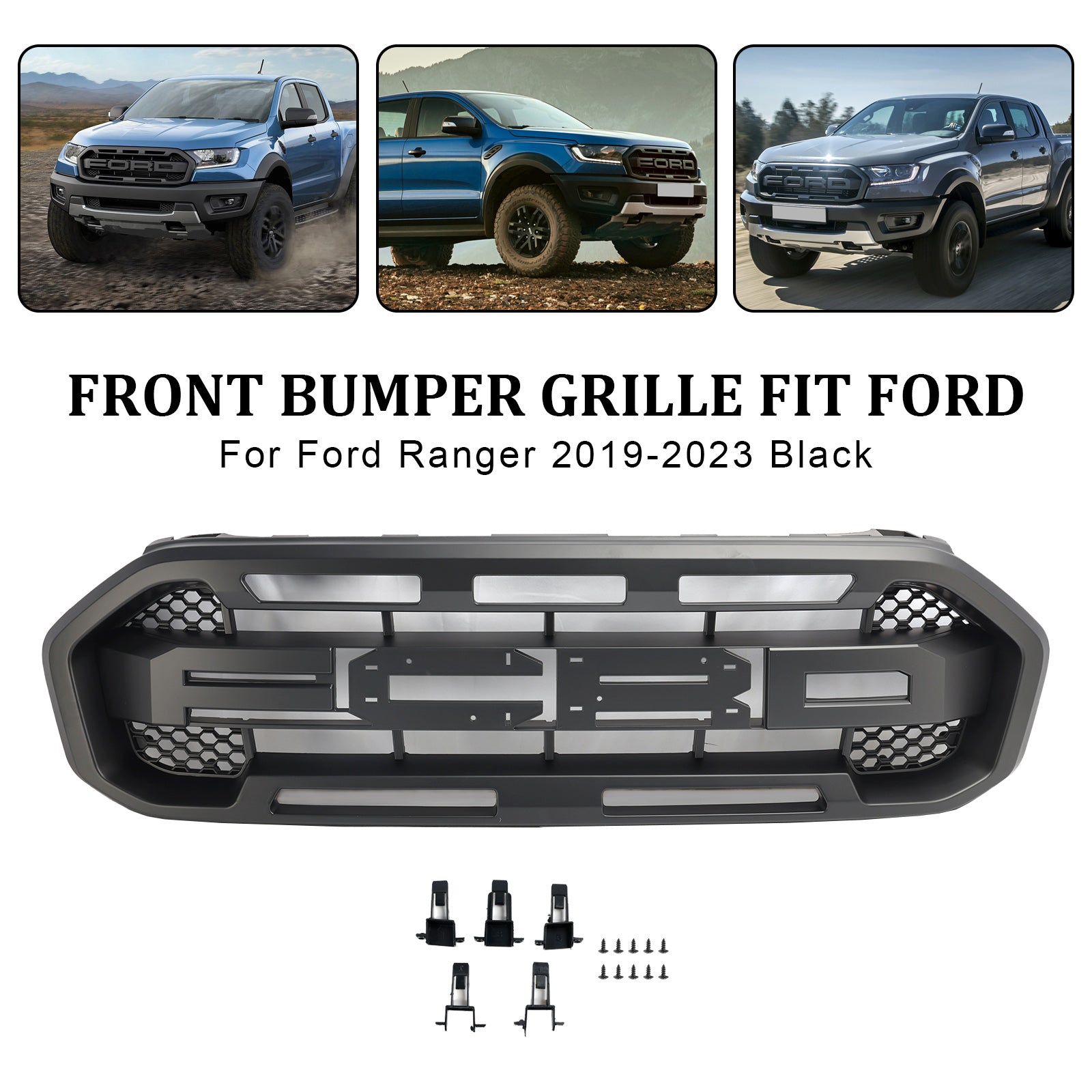 2019-2023 Upper Grille (With letters) Raptor Style Front Bumper Grille Grill Fit Ford Ranger Black