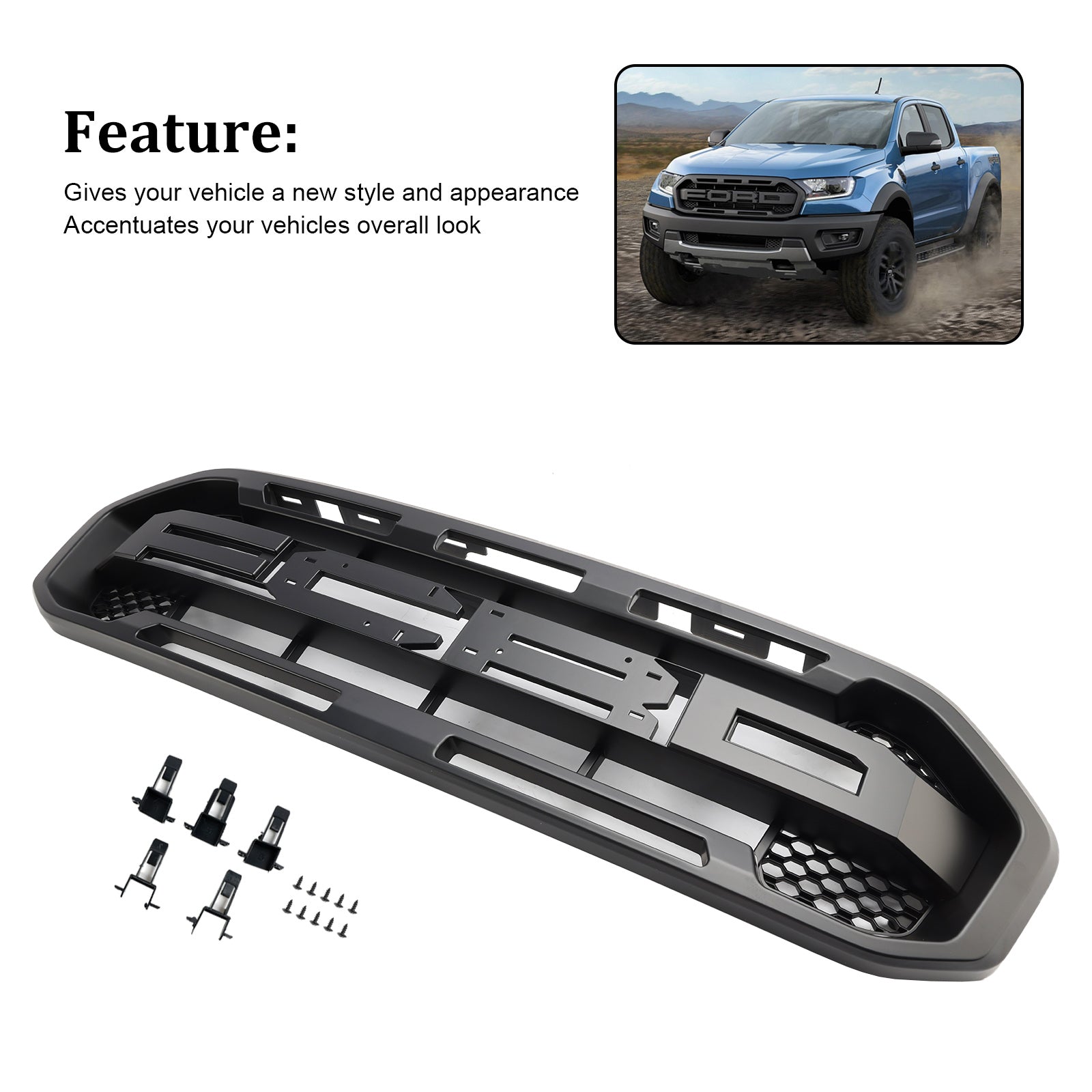 2019-2023 Upper Grille (With letters) Raptor Style Front Bumper Grille Grill Fit Ford Ranger Black