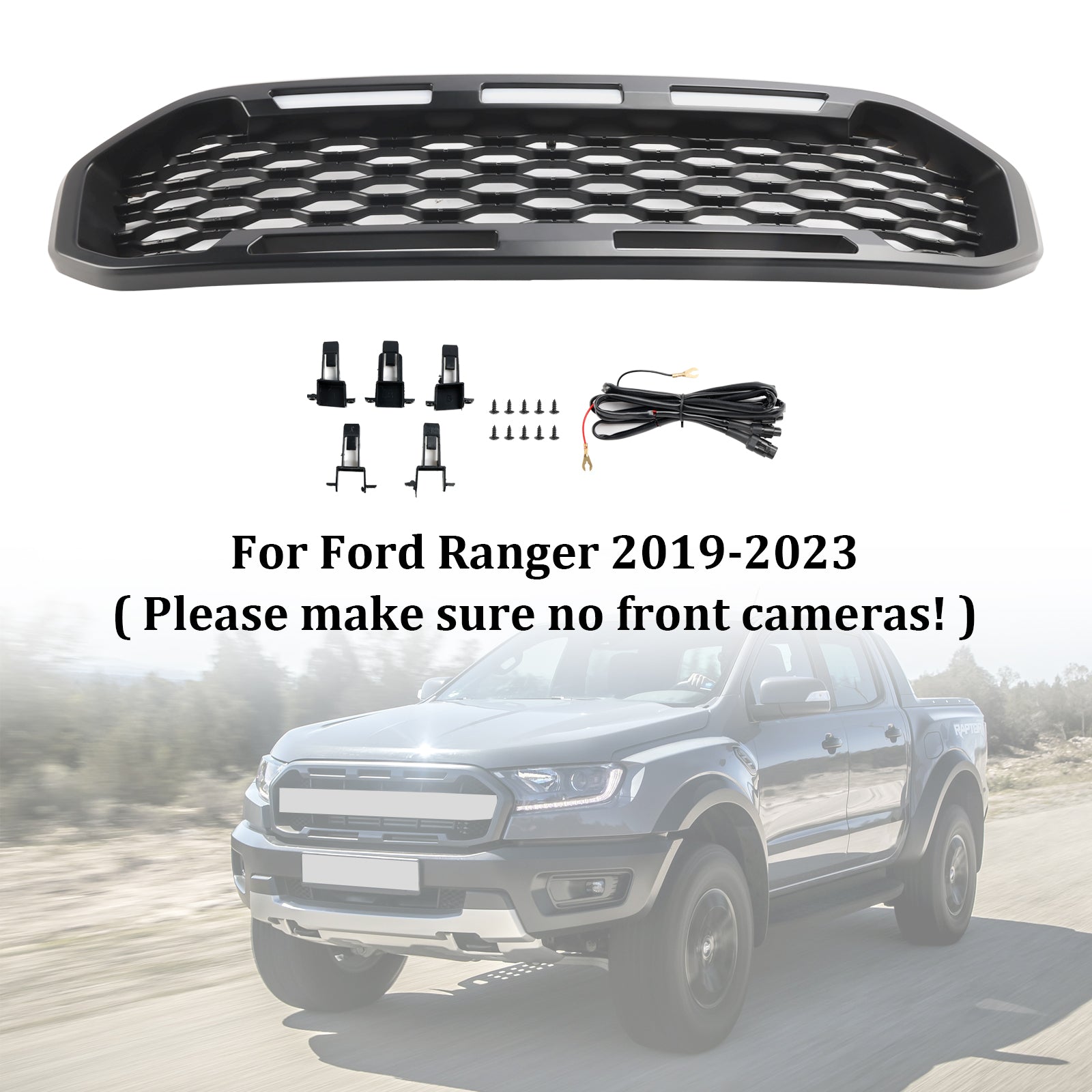 2019-2023 Ford Ranger T8 Front Bumper Grill Grille Black W/LED Light
