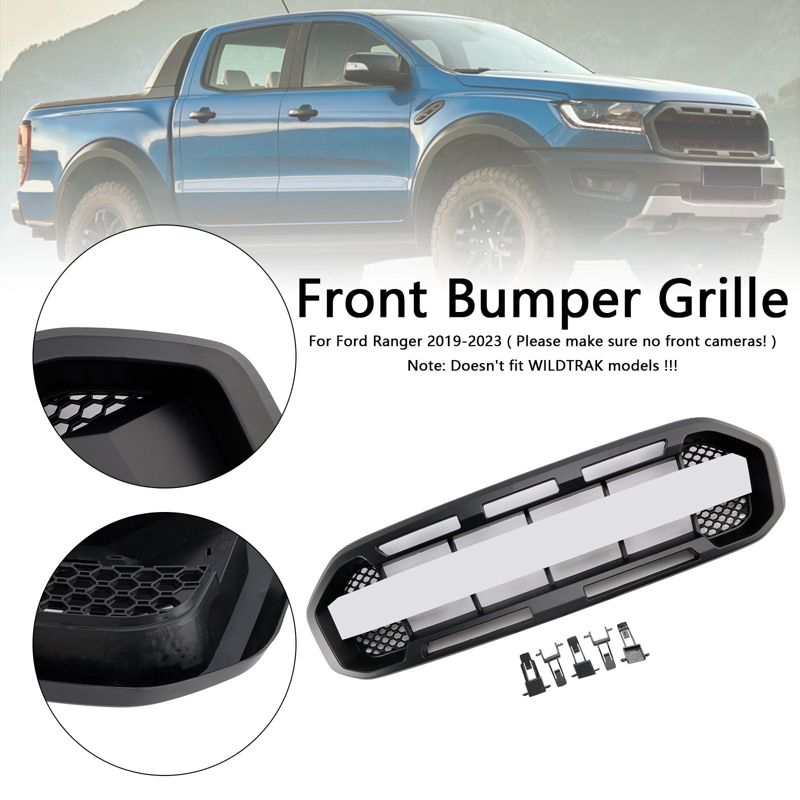 2019-2023 Ford Ranger W/White led Raptor Style Front Bumper Grill Grille Black
