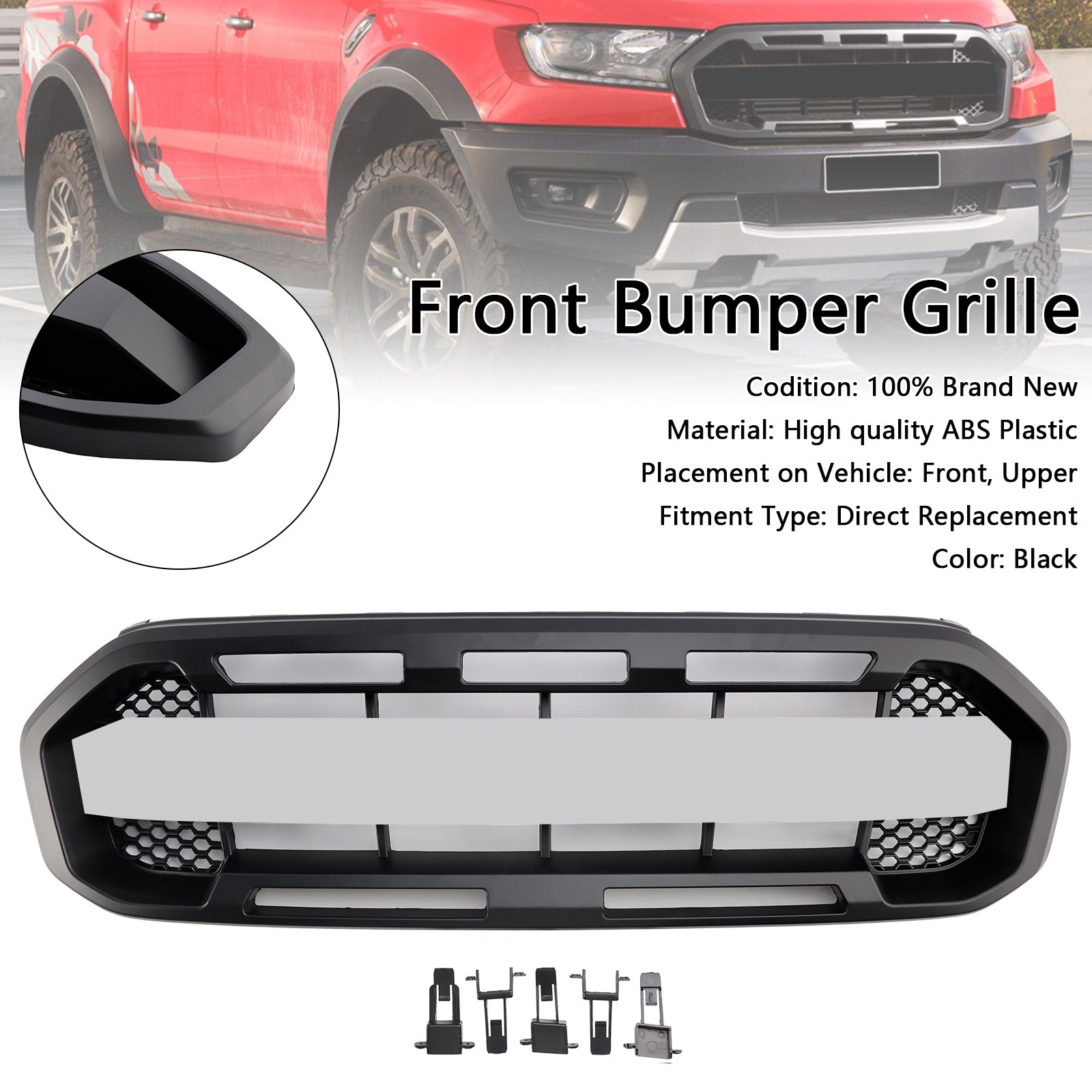2019-2023 Ford Ranger W/White led Raptor Style Front Bumper Grill Grille Black