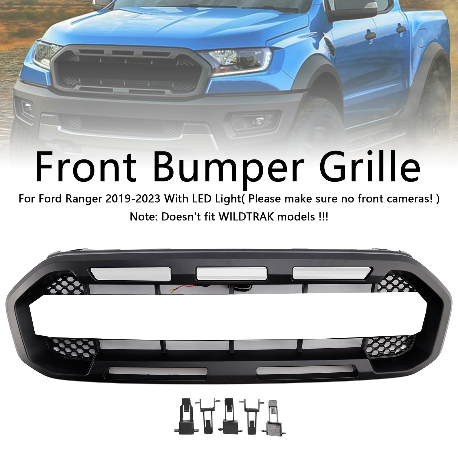 2019-2023 Ford Ranger W/White led Raptor Style Front Bumper Grill Grille Black