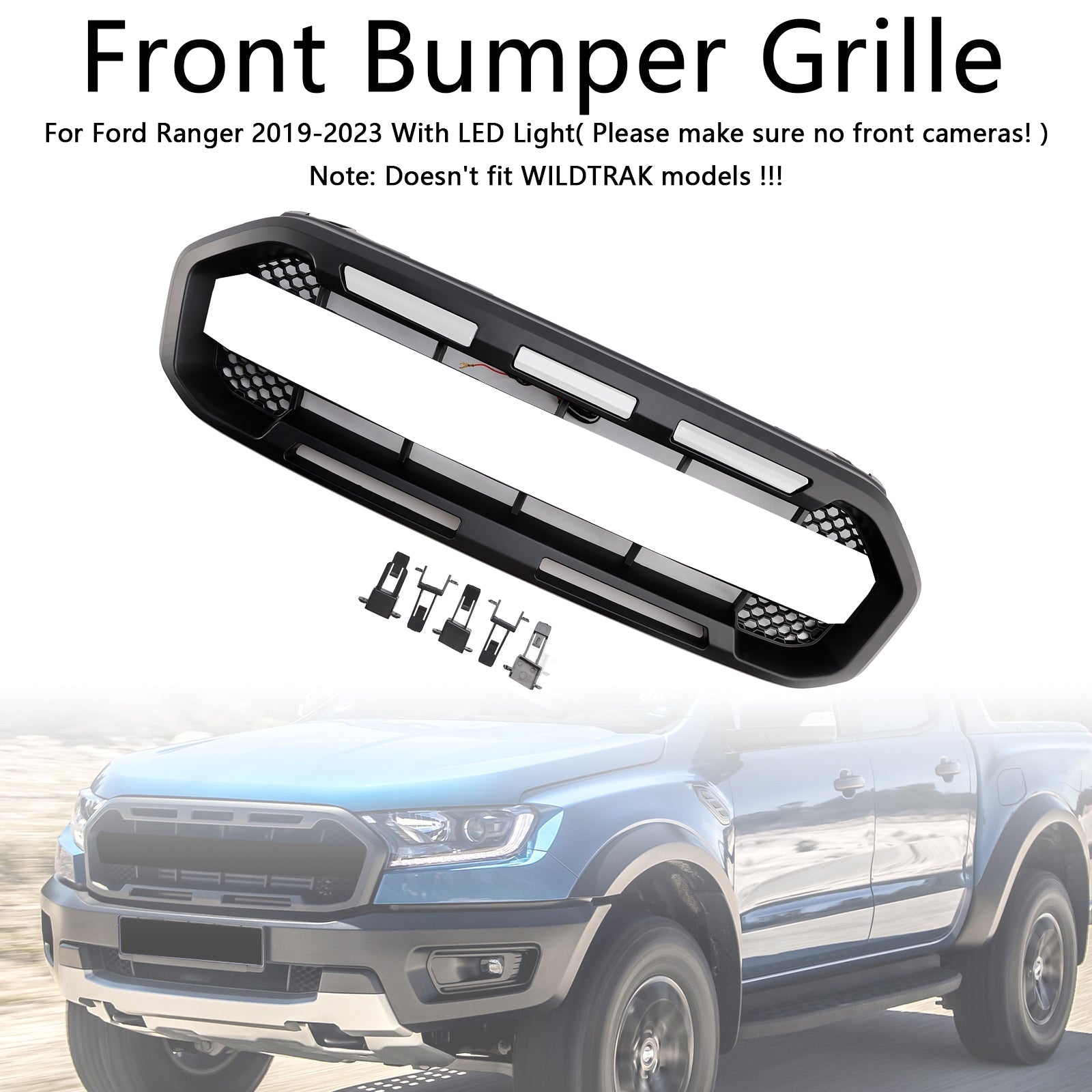 2019-2023 Ford Ranger W/White led Raptor Style Front Bumper Grill Grille Black