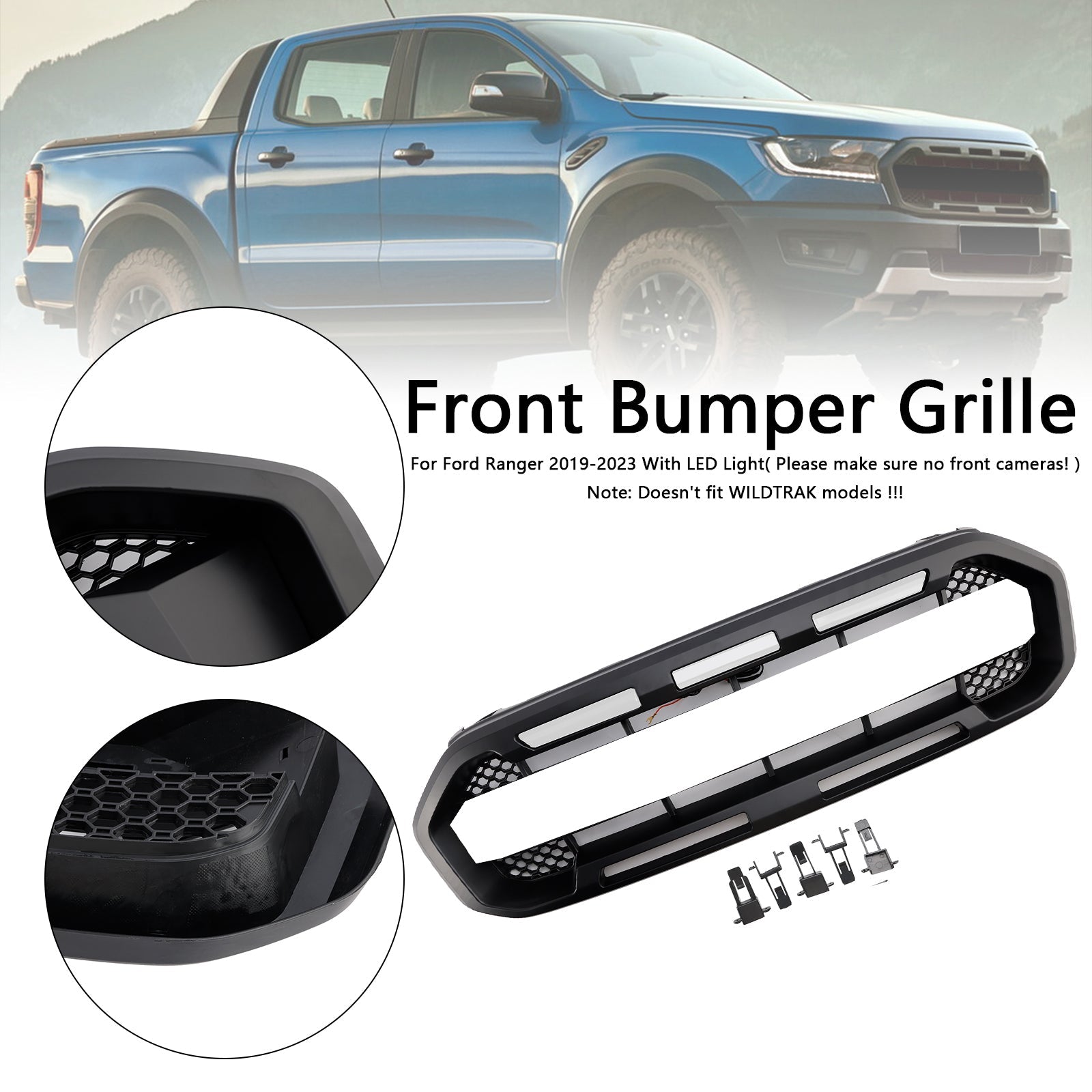 2019-2023 Ford Ranger W/White led Raptor Style Front Bumper Grill Grille Black