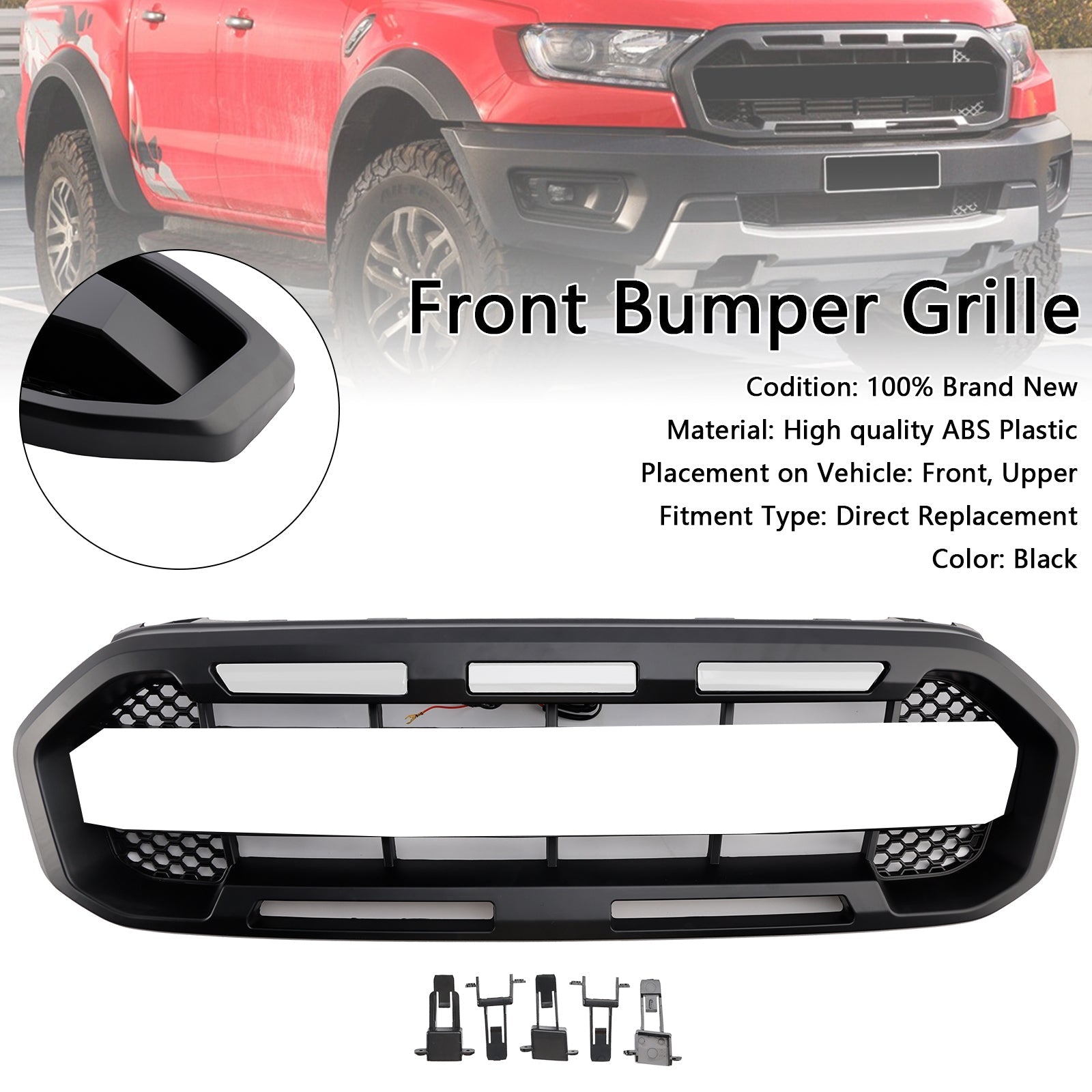 2019-2023 Ford Ranger W/White led Raptor Style Front Bumper Grill Grille Black