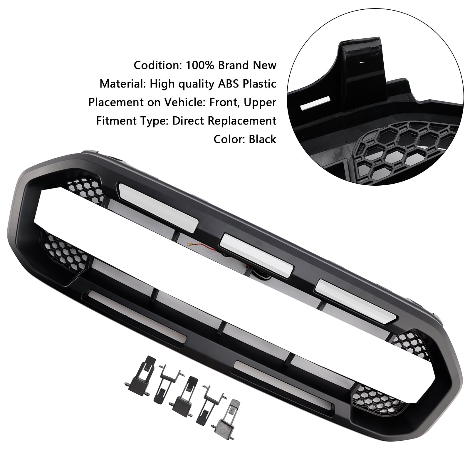 2019-2023 Ford Ranger W/White led Raptor Style Front Bumper Grill Grille Black