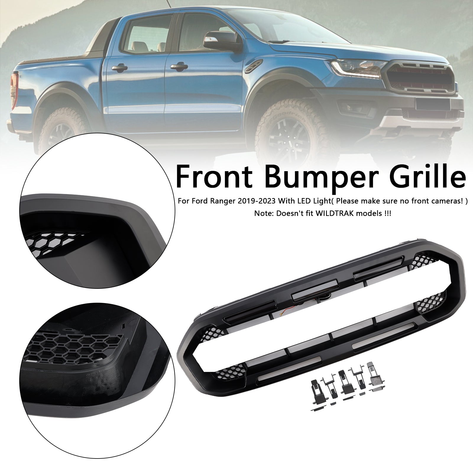 Black Raptor Style Front Bumper Grill Grille Fit Ford Ranger 2019-2023