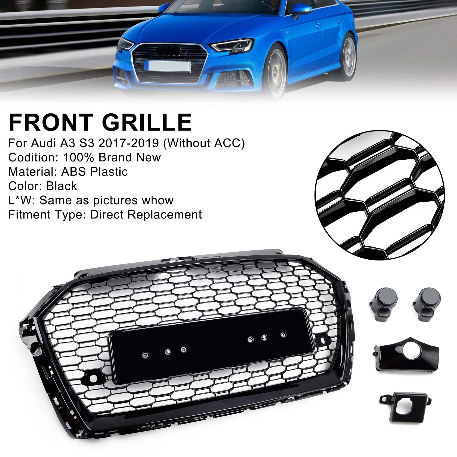 2017-2019 Audi A3 8V RS3 Style Honeycomb Mesh Front Bumper Grille Black