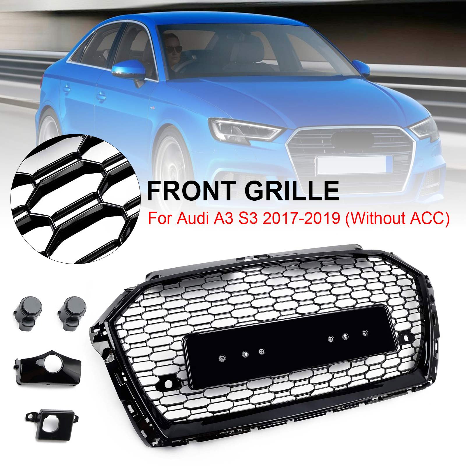 2017 2018 2019 Audi A3 8V RS3 Style Honeycomb Mesh Front Bumper Grille Black