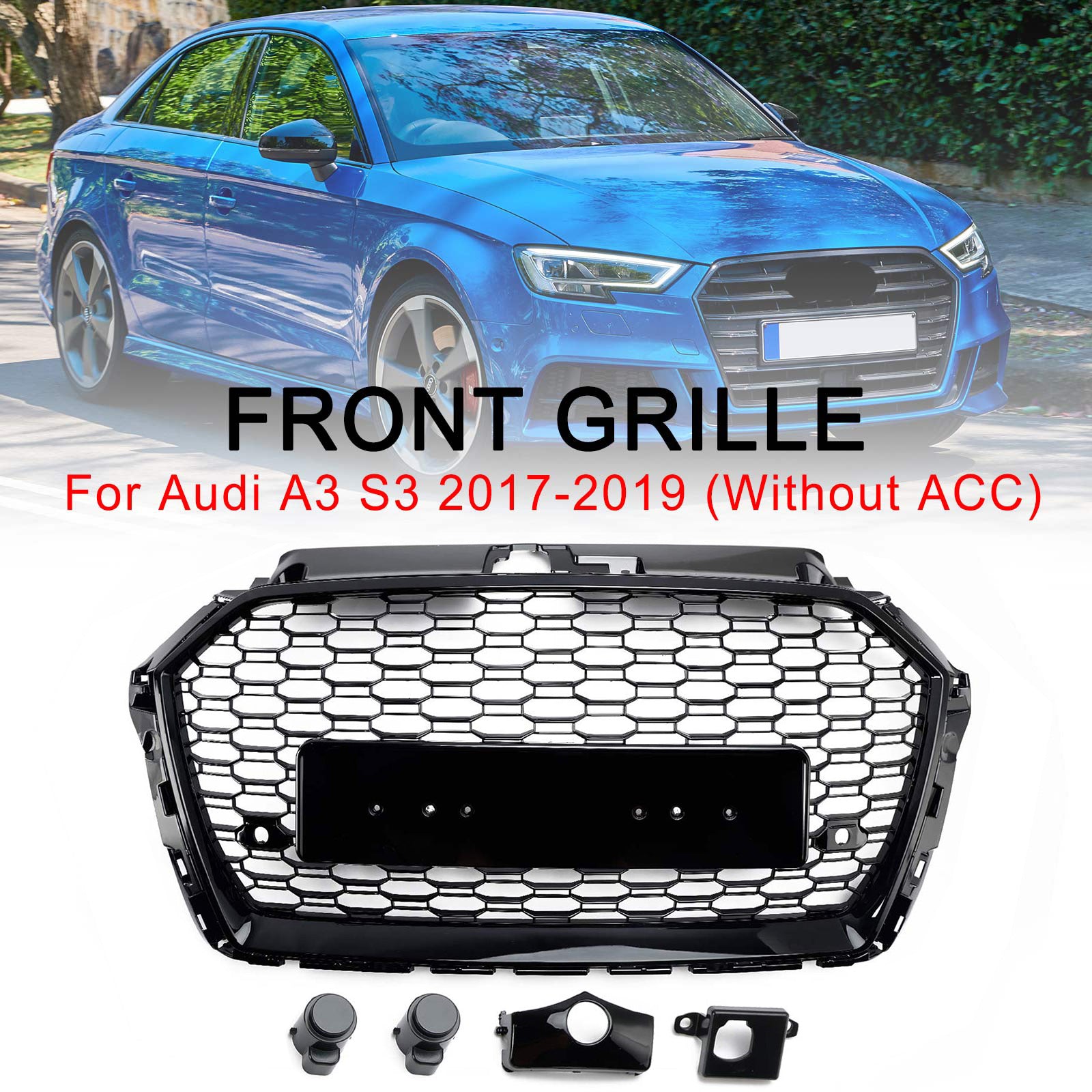 2017-2019 Audi A3 8V RS3 Style Honeycomb Mesh Front Bumper Grille Black