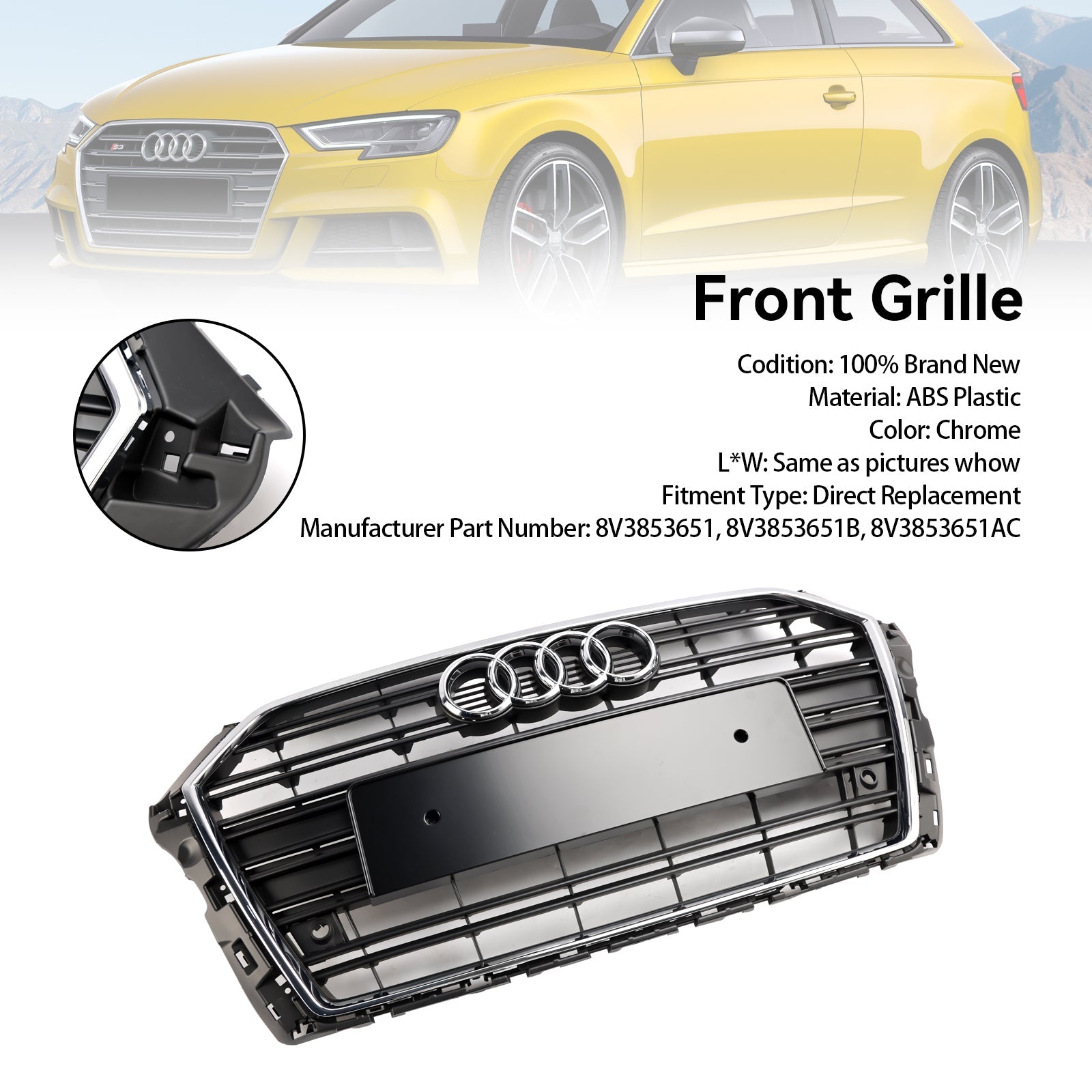 2017 2018 2019 Audi A3 S3 With Two PDC Holes Front Bumper Grille Grill 8V3853651 Chrome 8V3853651B