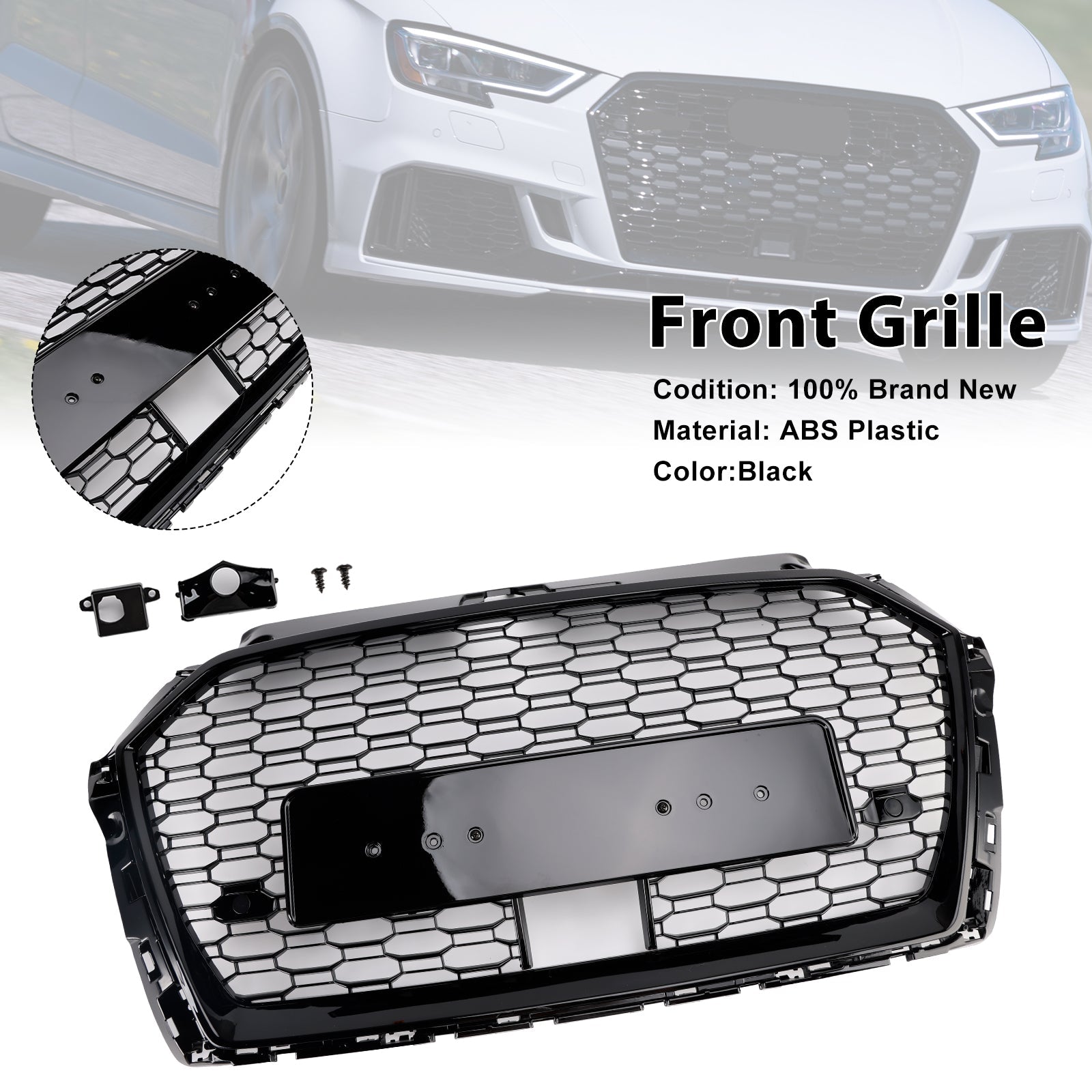 2017-2019 Audi A3 S3 RS3 Style Honeycomb Front Grille With ACC Gloss Black