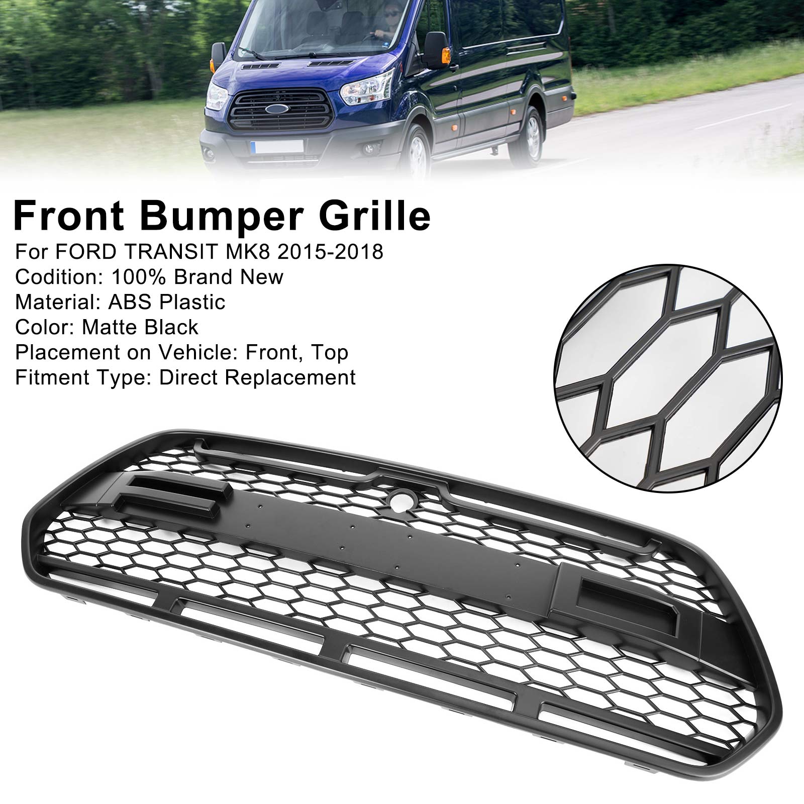 2015-2018 Raptor Matte Black Front Bumper Grille Grill Fit for Ford Transit MK8