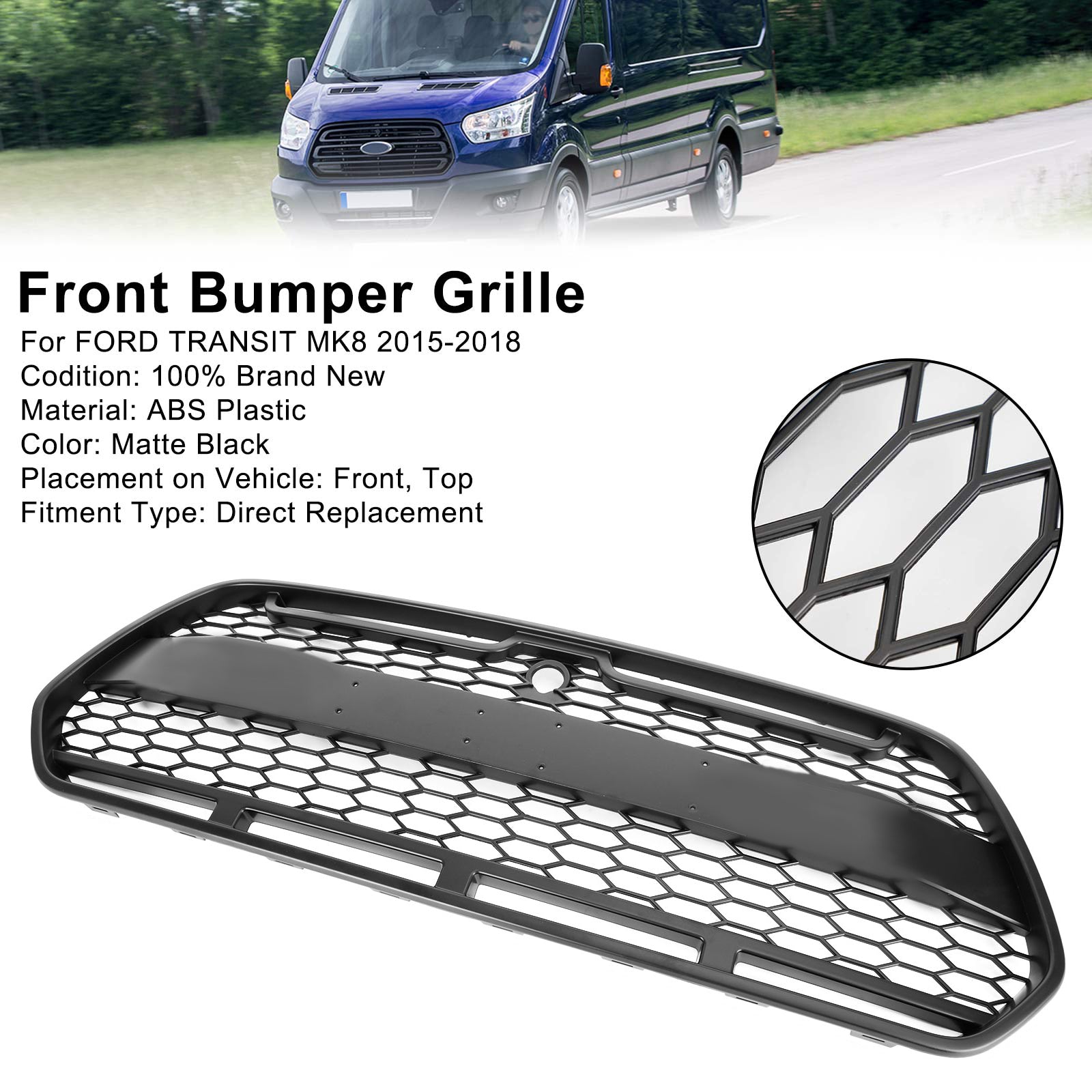 2015-2018 Ford Transit MK8 Raptor Upgrade Aggressive Style Matte Black Front Bumper Grille