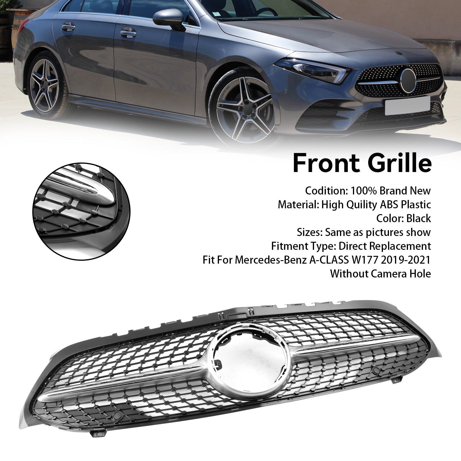 2019-2023 Benz A-Class W177 Diamond Front Bumper Grill Grille Black