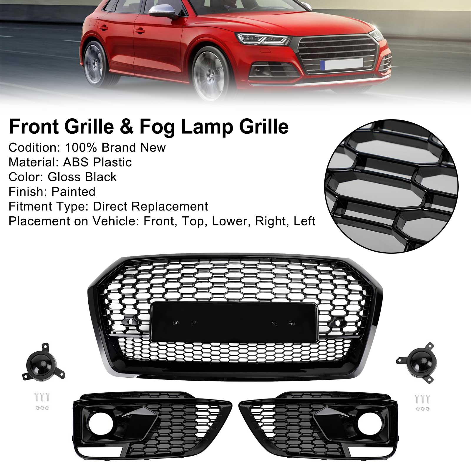 2018-2020 Audi Q5 SQ5 RSQ5 Style Front Honeycomb Mesh Grill + Fog Lamp Grille