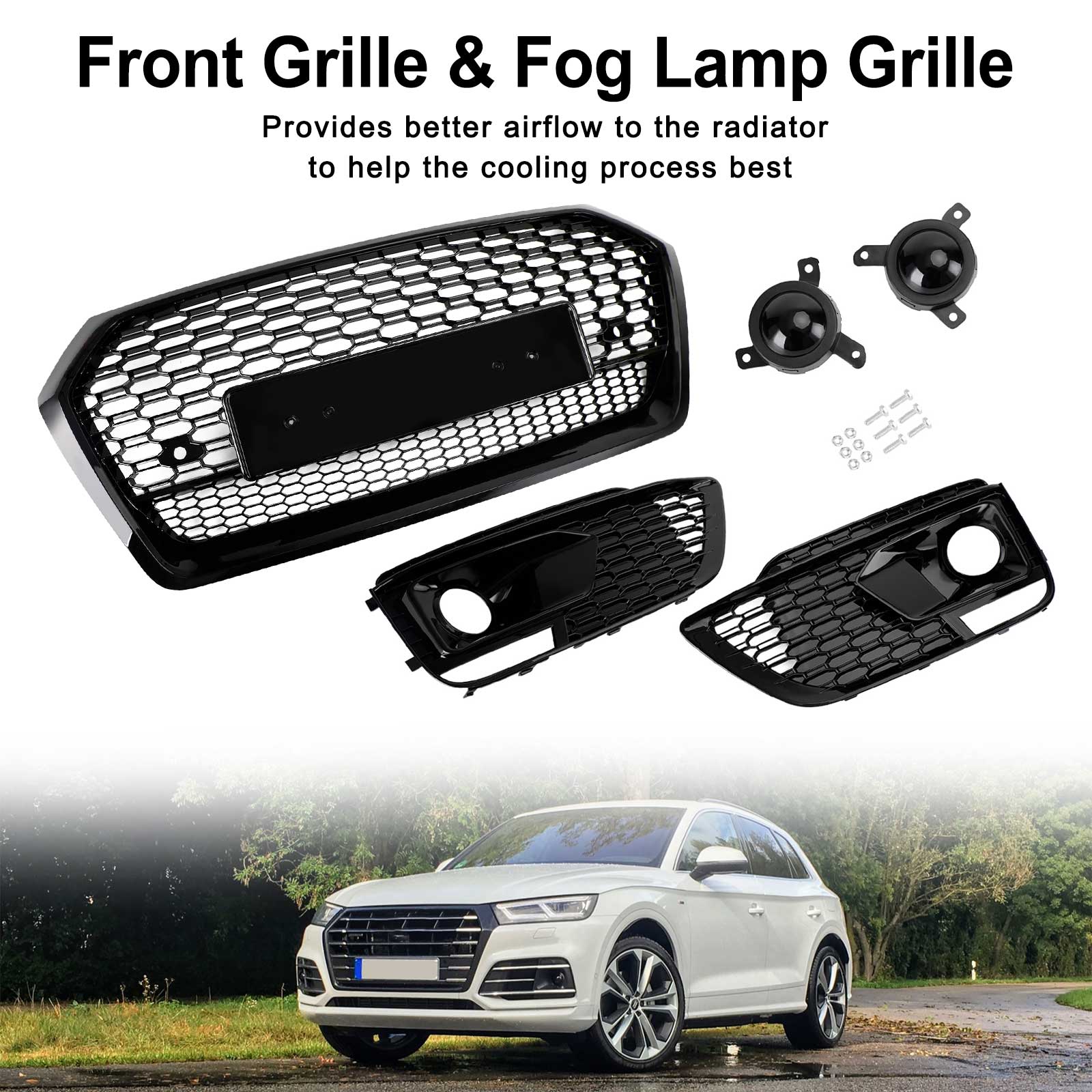 2018-2020 Audi Q5 SQ5 RSQ5 Style Front Honeycomb Mesh Grill + Fog Lamp Grille