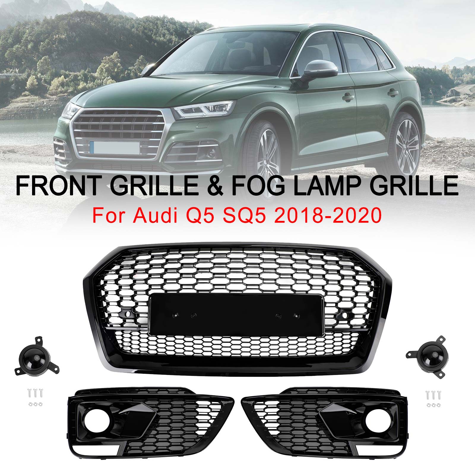 2018-2020 Audi Q5 SQ5 RSQ5 Style Front Honeycomb Mesh Grill + Fog Lamp Grille