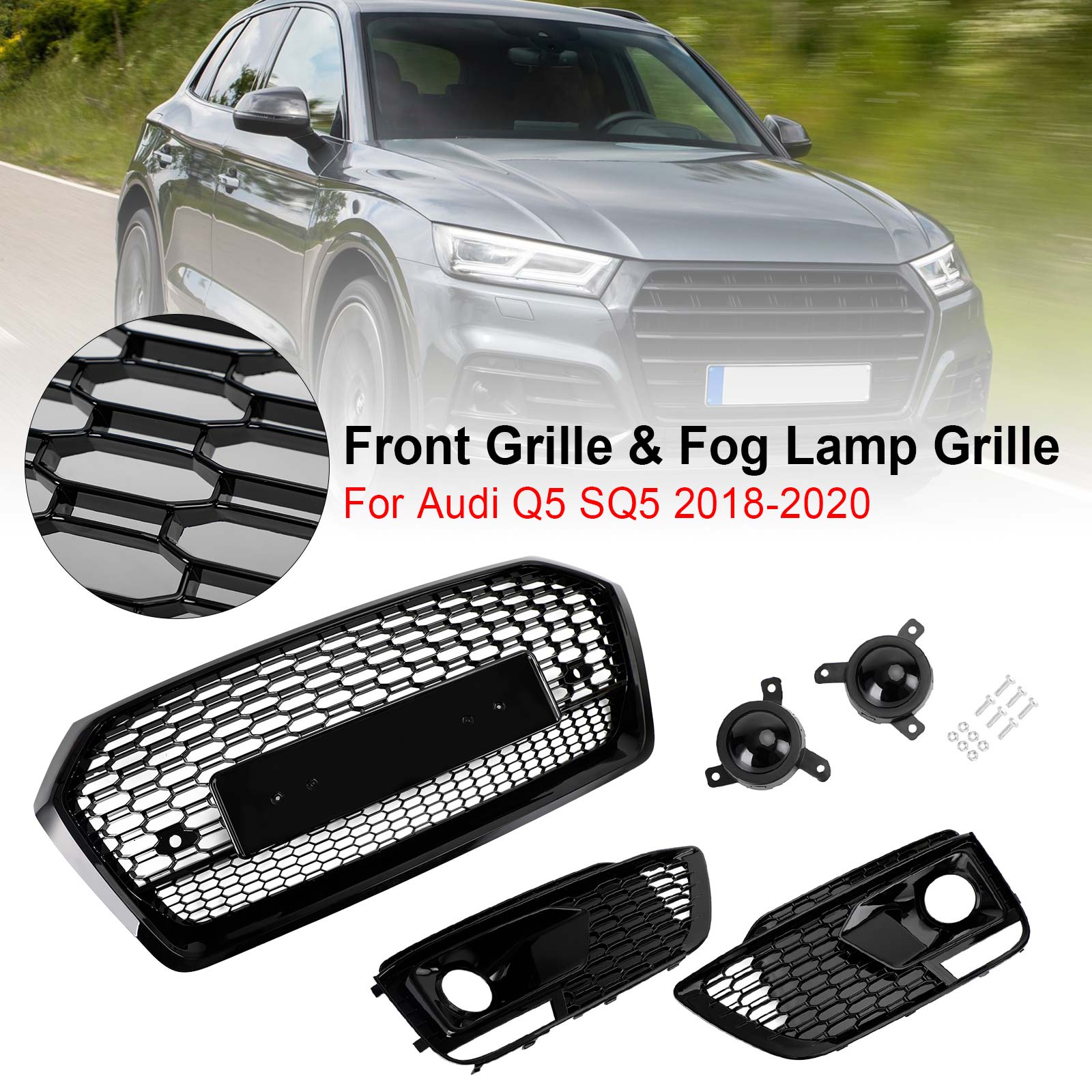 2018-2020 Audi Q5 SQ5 RSQ5 Style Front Honeycomb Mesh Grill + Fog Lamp Grille