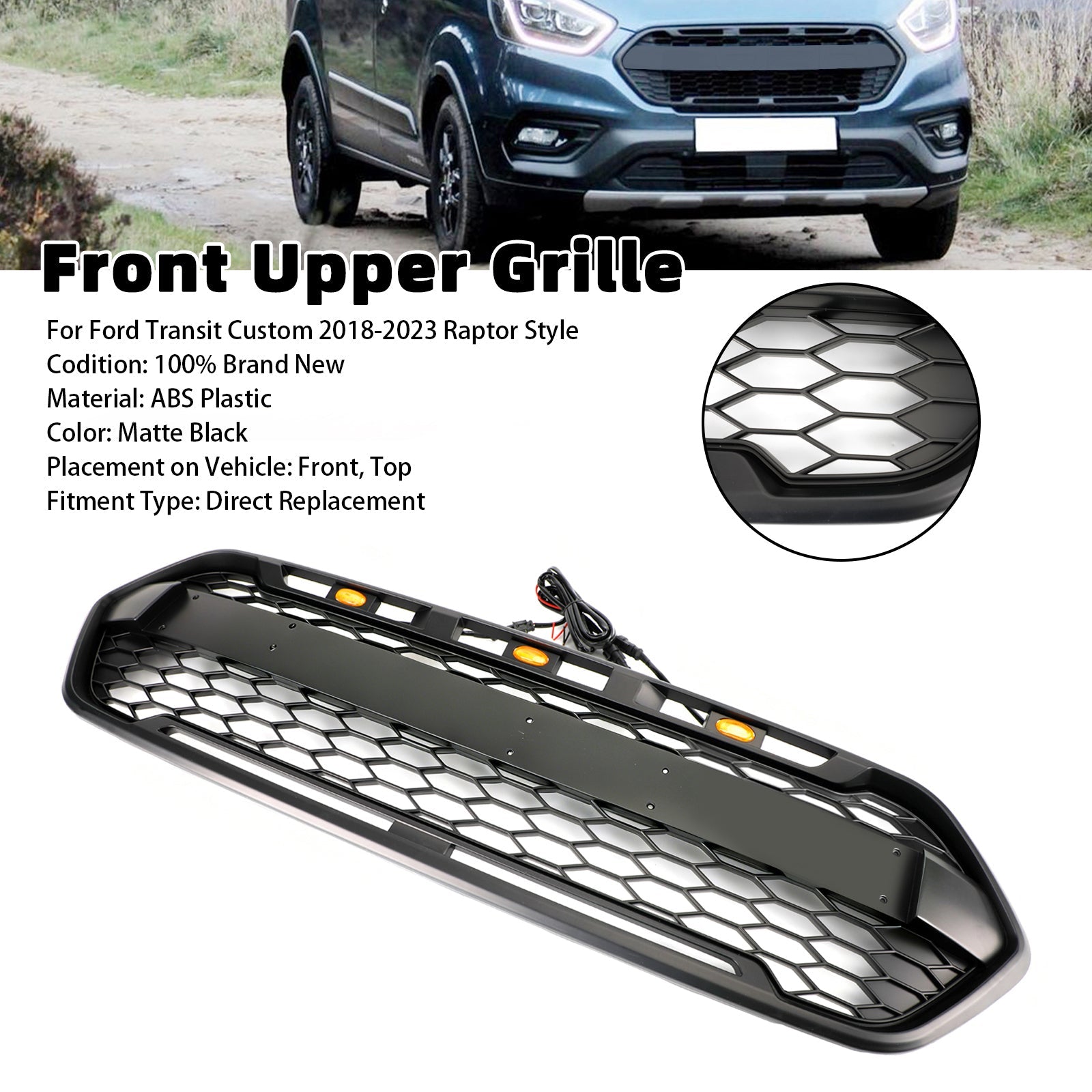2018-2023 Ford Transit Custom Raptor Style Trail W/ 3LED Matte Black Front Bumper Grille