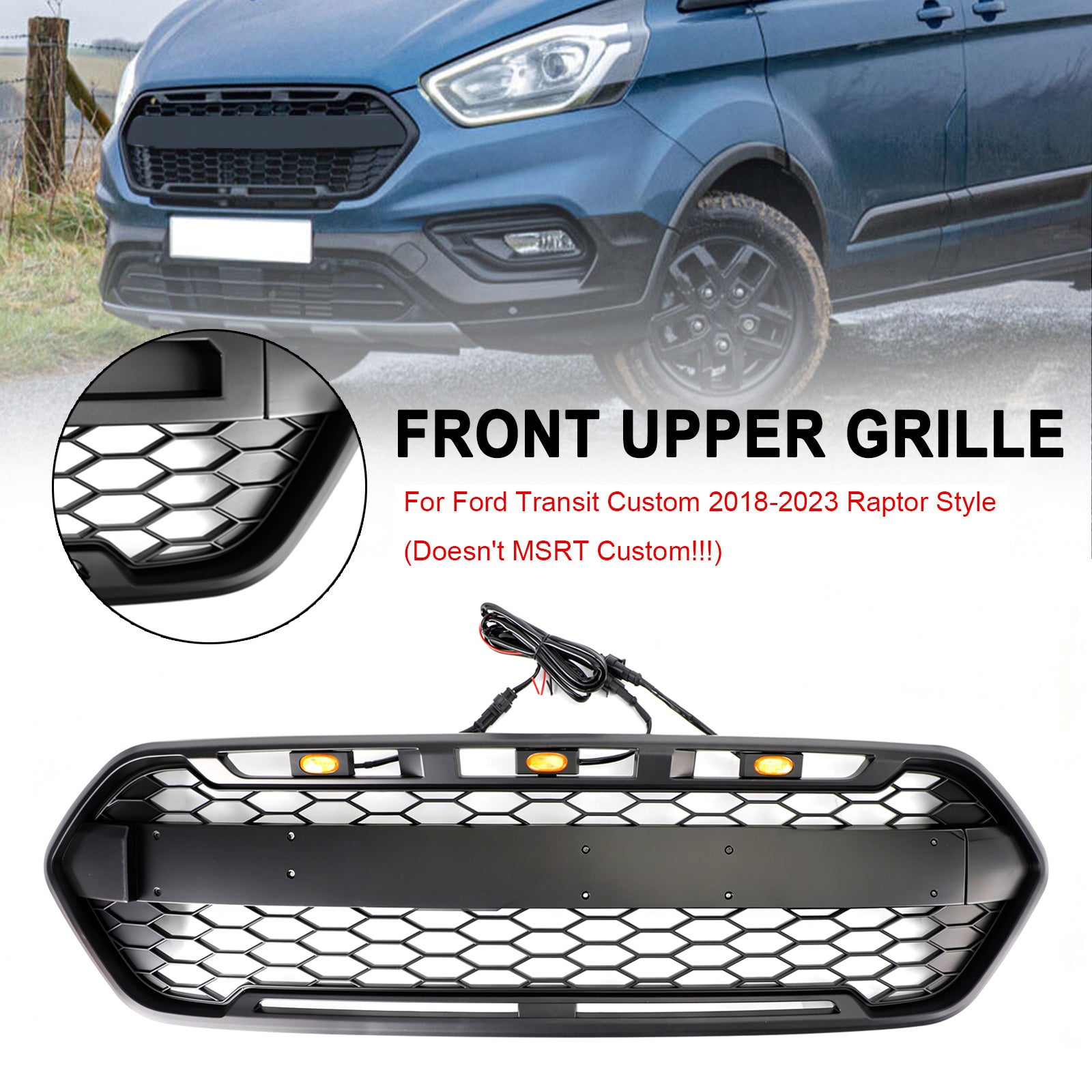 2018-2023 Ford Transit Custom Raptor Style Trail W/ 3LED Matte Black Front Bumper Grille