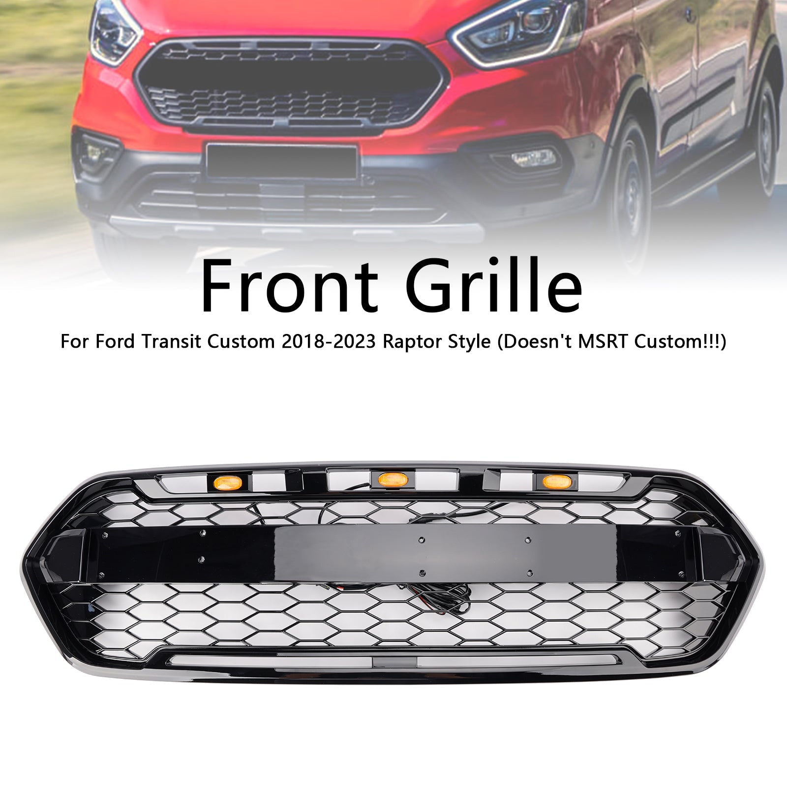2018-2023 W/ 3LED Gloss Black Ford Transit Custom Trail W/ 3LED Front Bumper Grille