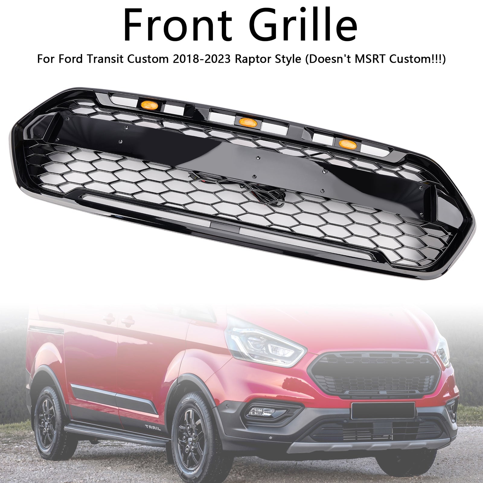 2018-2023 Ford Transit Custom Raptor Style Trail W/ 3LED Matte Black Front Bumper Grille