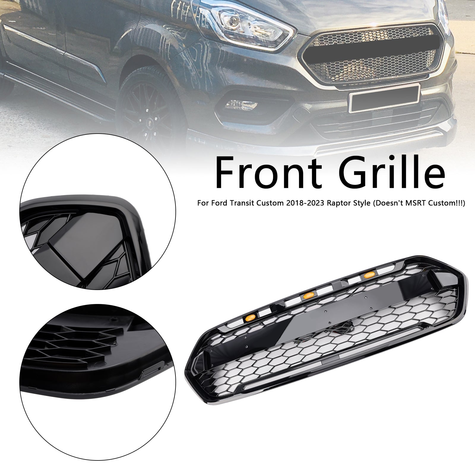 Raptor Style 2018-2023 Ford Transit Custom Trail W/ 3LED Matte Black Front Bumper Grille
