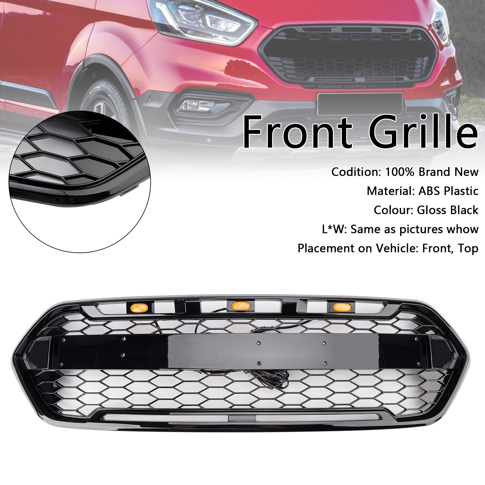 2018-2023 W/ 3LED Gloss Black Ford Transit Custom Trail W/ 3LED Front Bumper Grille