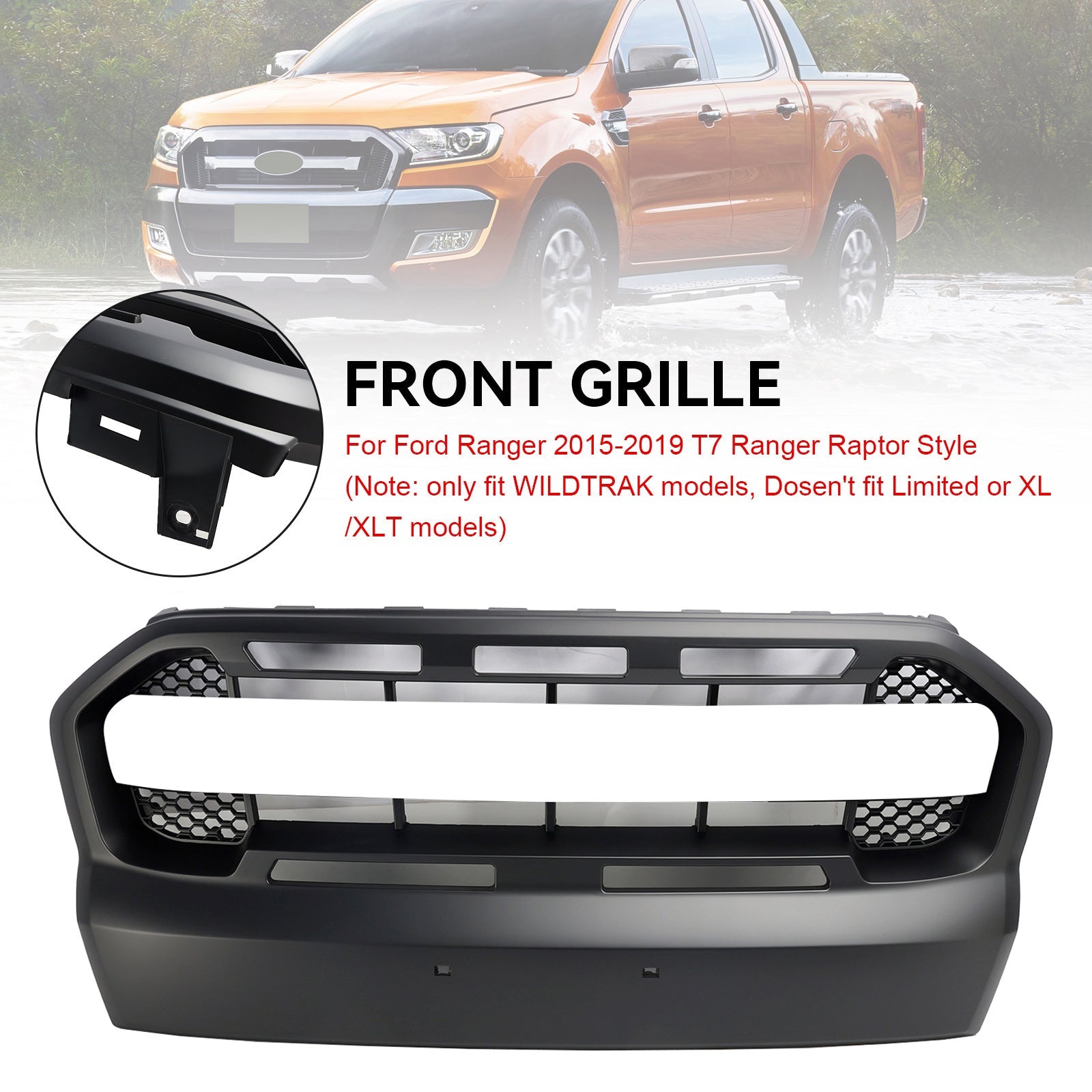 2015-2019 Ford Ranger T7 Matt Black Ranger Raptor Style Front Bumper Grill
