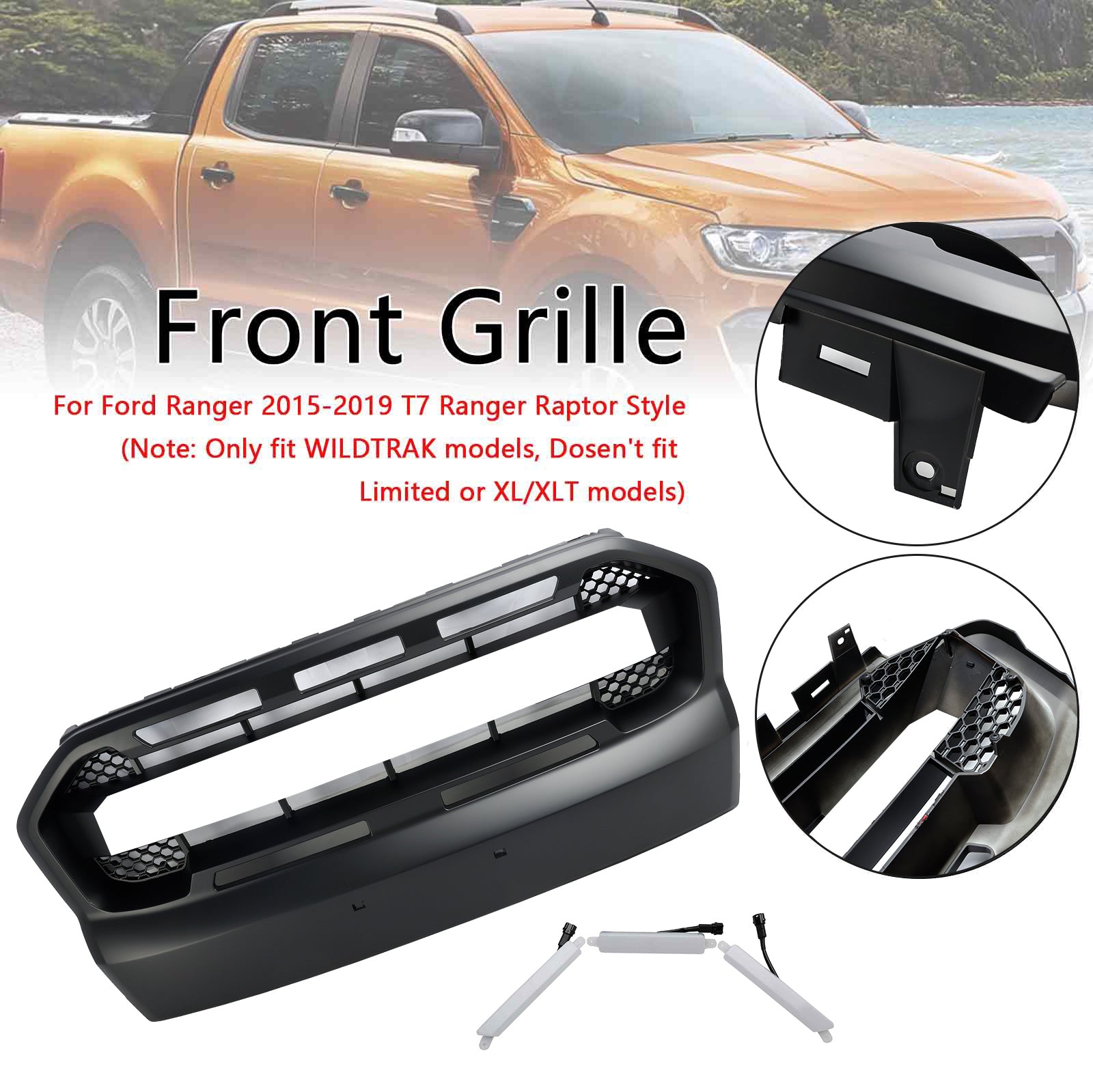 2015-2019 Ford Ranger T7 W/LED Raptor Style Front Bumper Grill Grille
