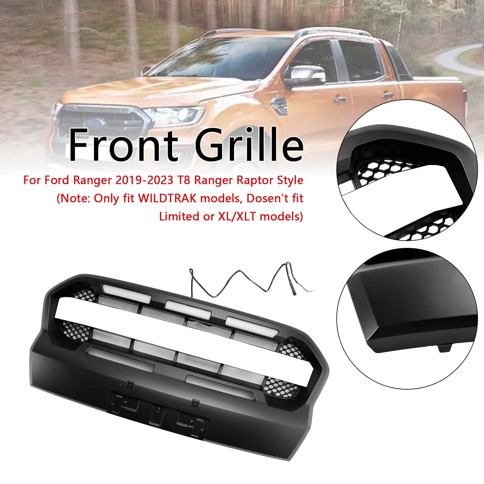 2019-2023 Ford Ranger T8 W/LED Raptor Style Front Bumper Grille Grill