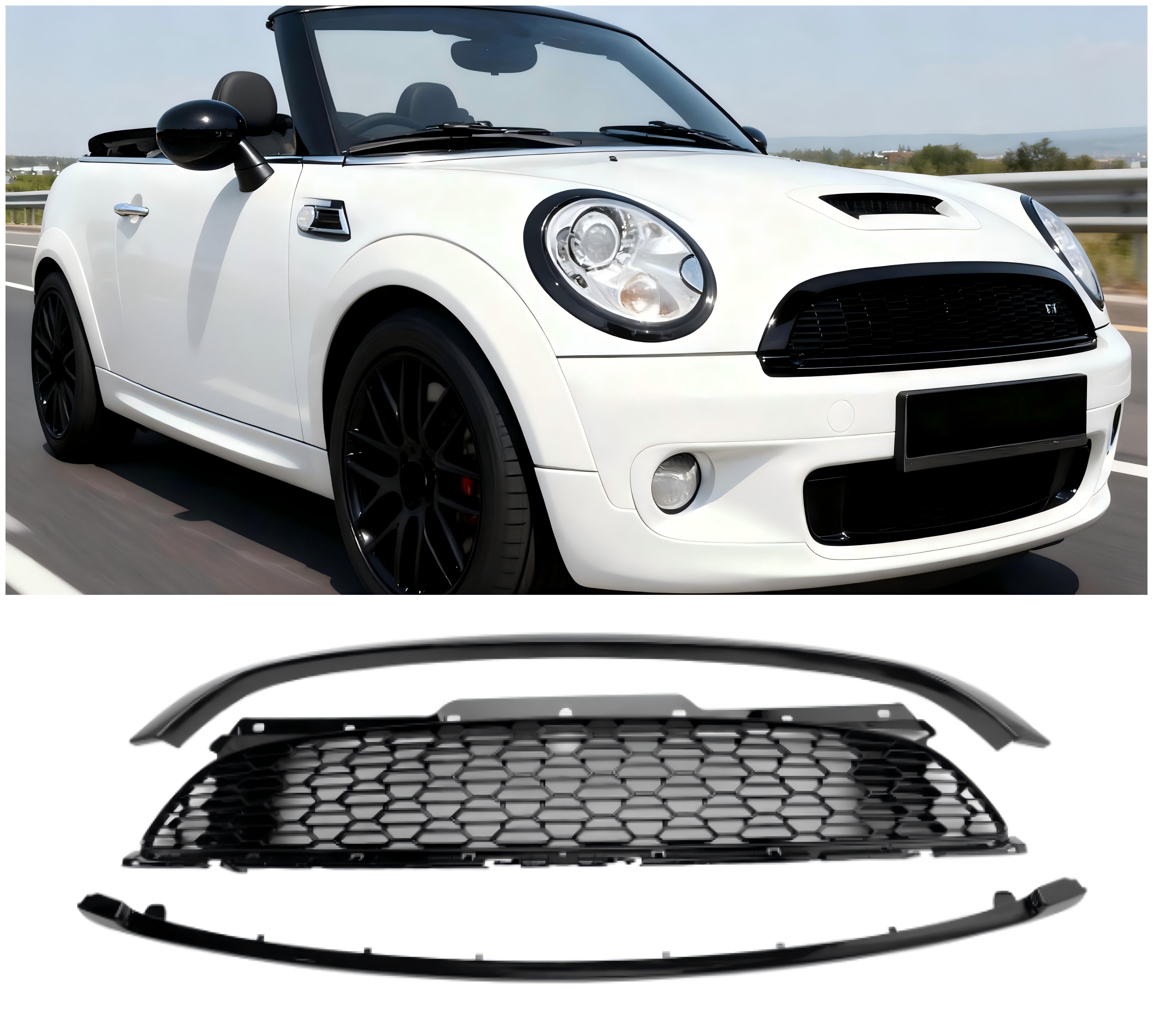 2009-2013 MINI R57 Cooper S & JCW 2-Door Convertible 3PCS Gloss Black Front Grill Grille