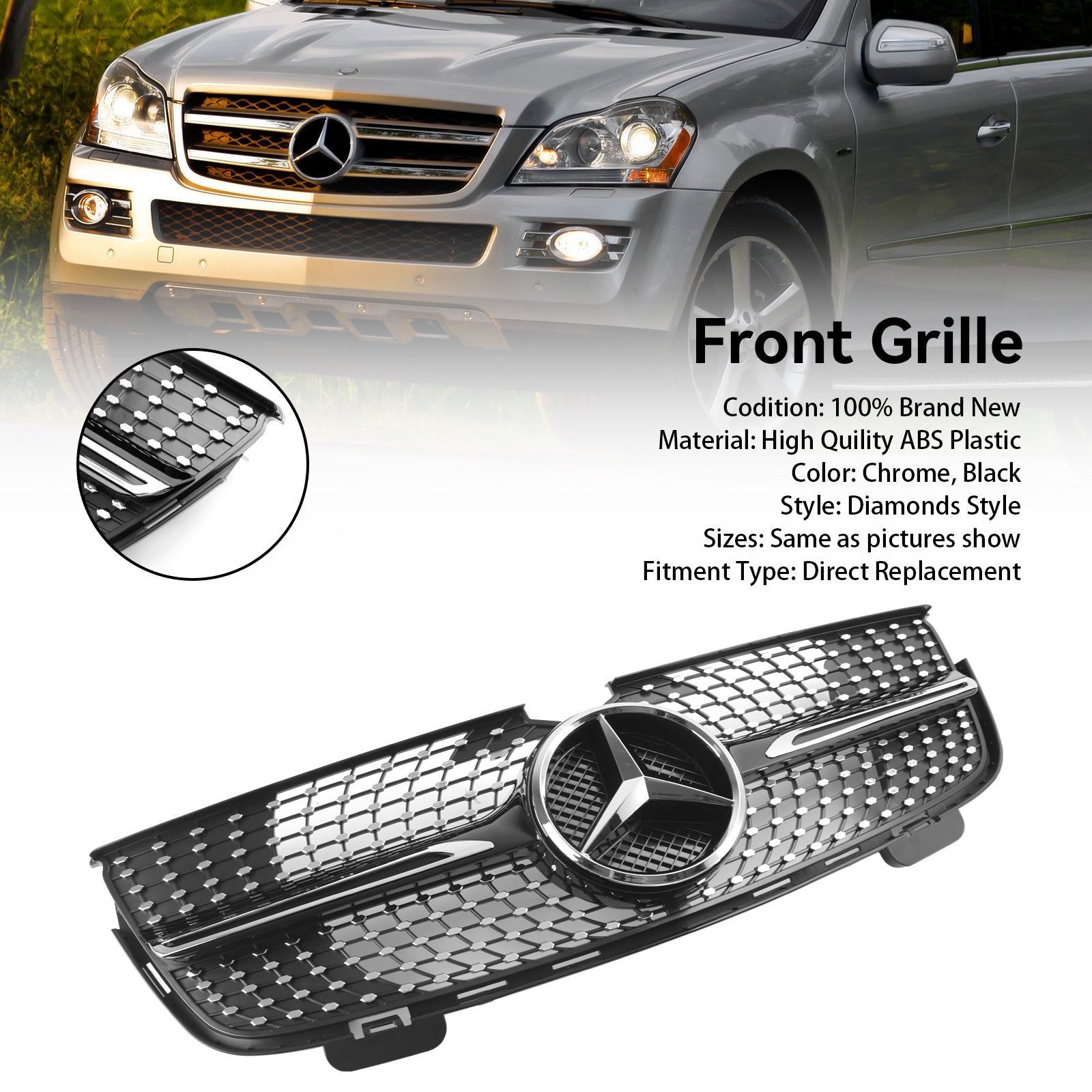2007-2009 Mercedes Benz GL-Class X164 GL320 GL350 GL450 Diamonds Front Bumper Grille Chrome