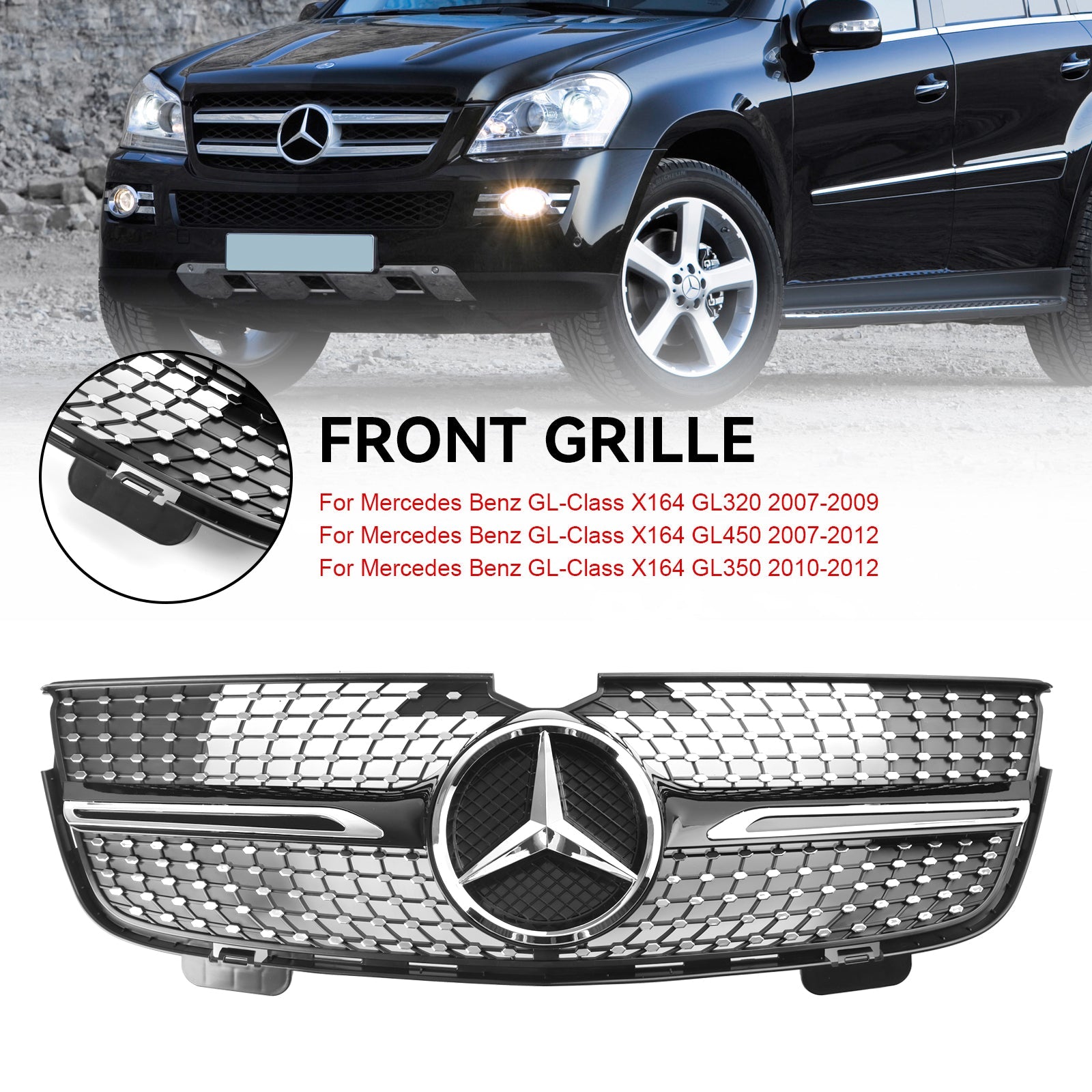 2007 2008 2009 Mercedes Benz GL-Class X164 GL320 GL350 GL450 Diamonds Front Bumper Grille Chrome