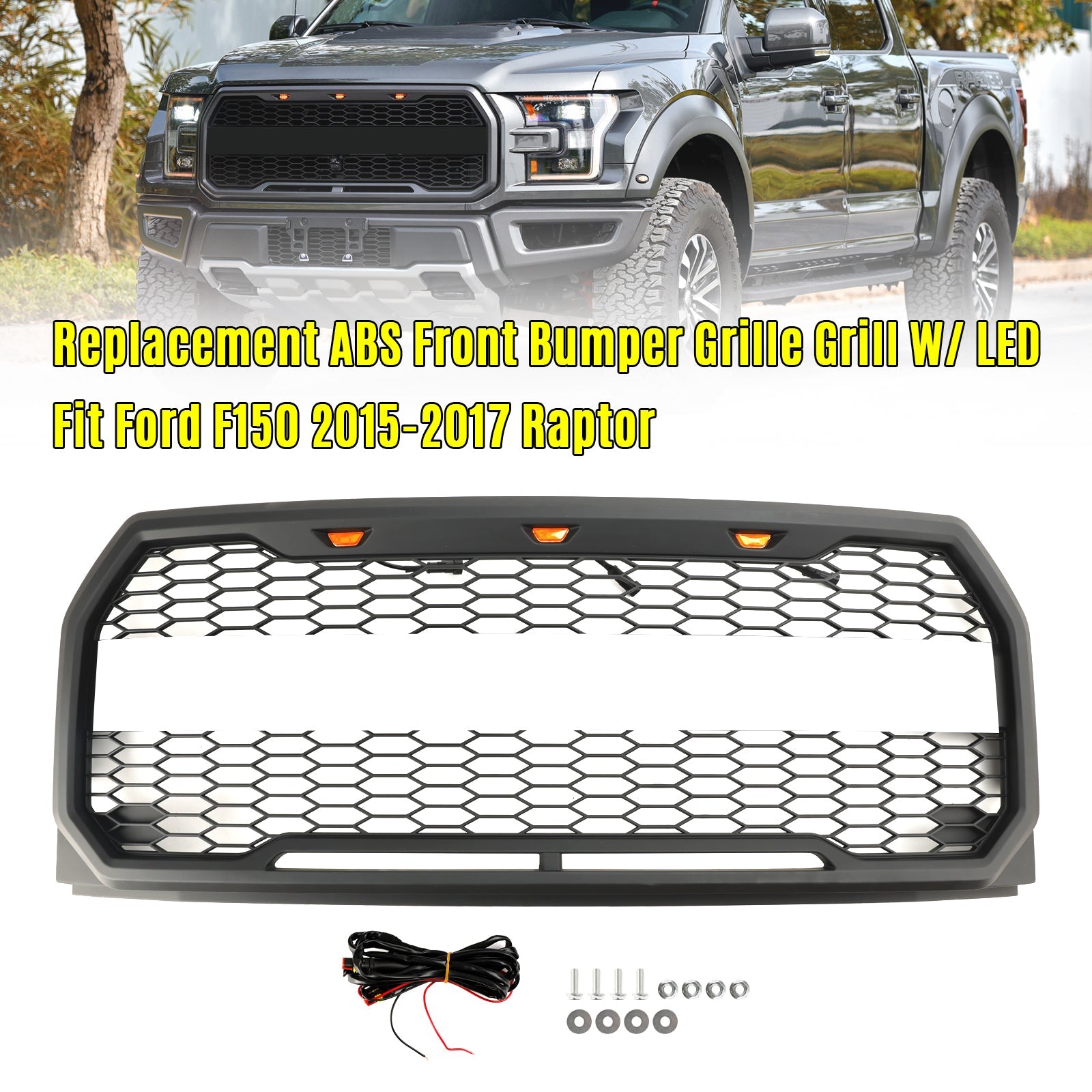 2015 2016 2017 Ford F150 Raptor Style W/ LED Replacement Front Bumper Grill Grille