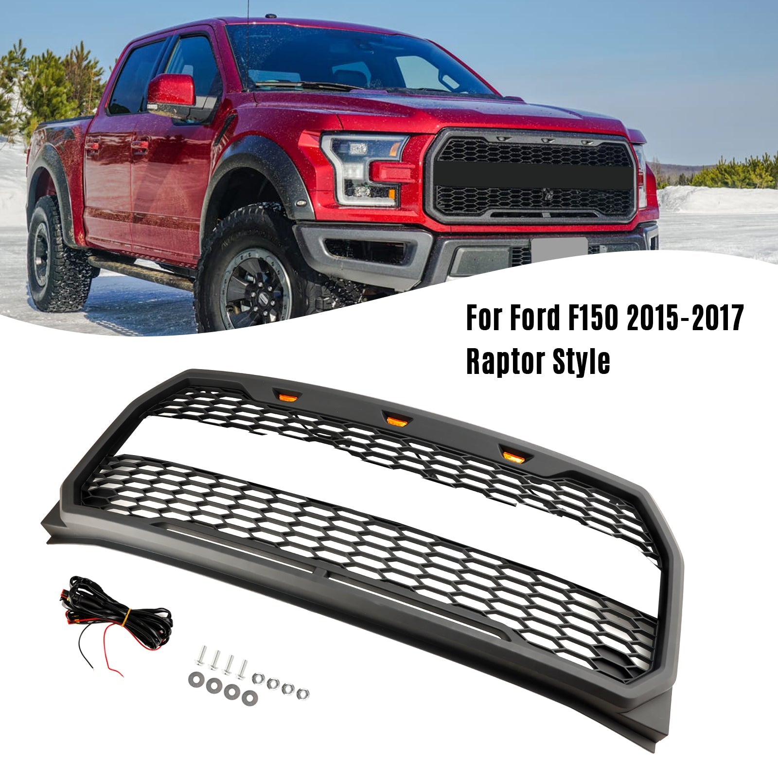 2015-2017 Ford F150 Raptor Style W/ LED Replacement Front Bumper Grill Grille