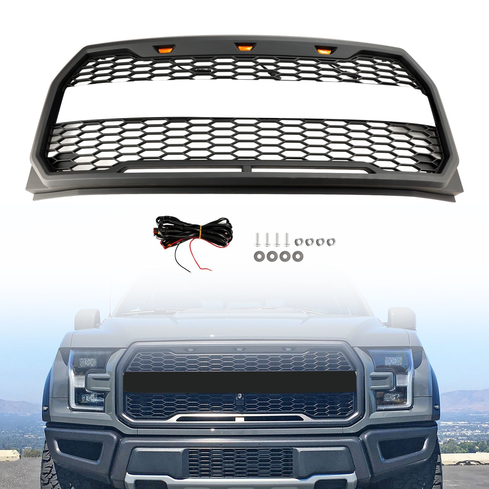 2015-2017 Ford F150 Raptor Style W/ LED Replacement Front Bumper Grill Grille