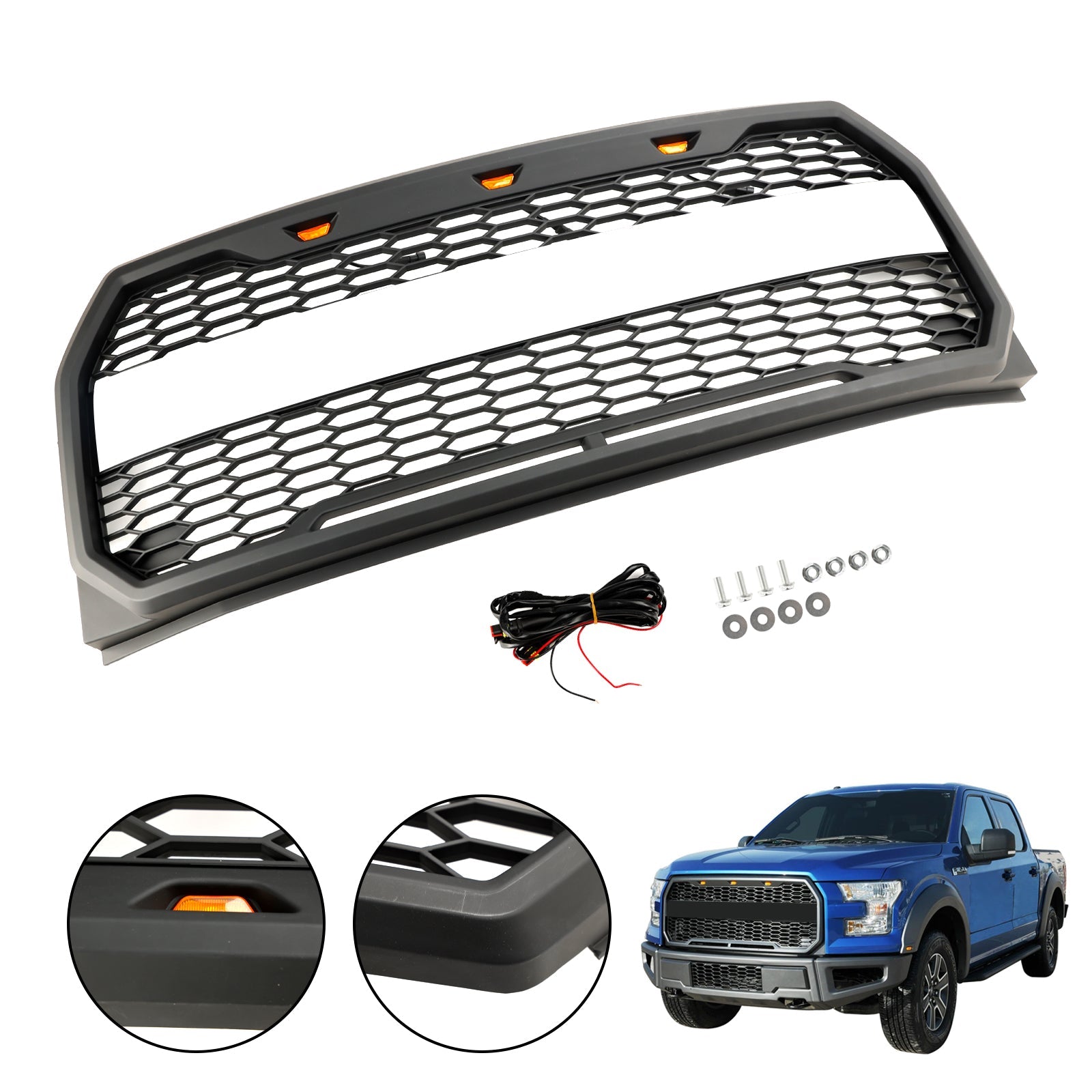 2015-2017 Ford F150 Raptor Style W/ LED Replacement Front Bumper Grill Grille