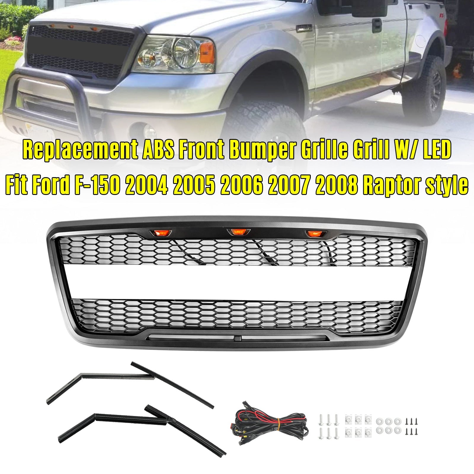 2004 2005 2006 2007 2008 Ford F150 Raptor Style Front Mesh Hood Grille Grill With LED